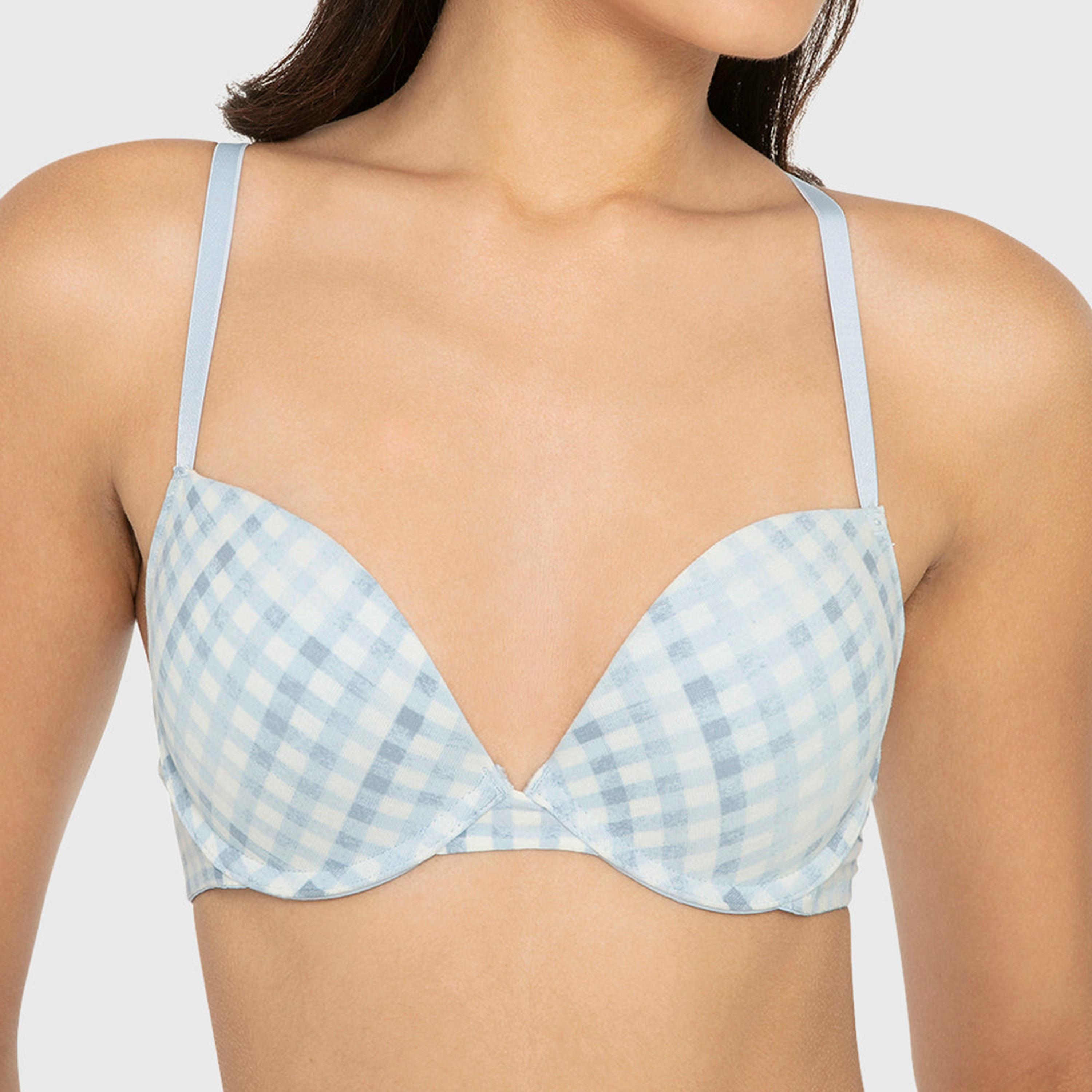 La Senza Blue Cotton Checked Wired Medium Support Padded Women's Push-Up Bra-women-clothing-lingerie-bras-image-4