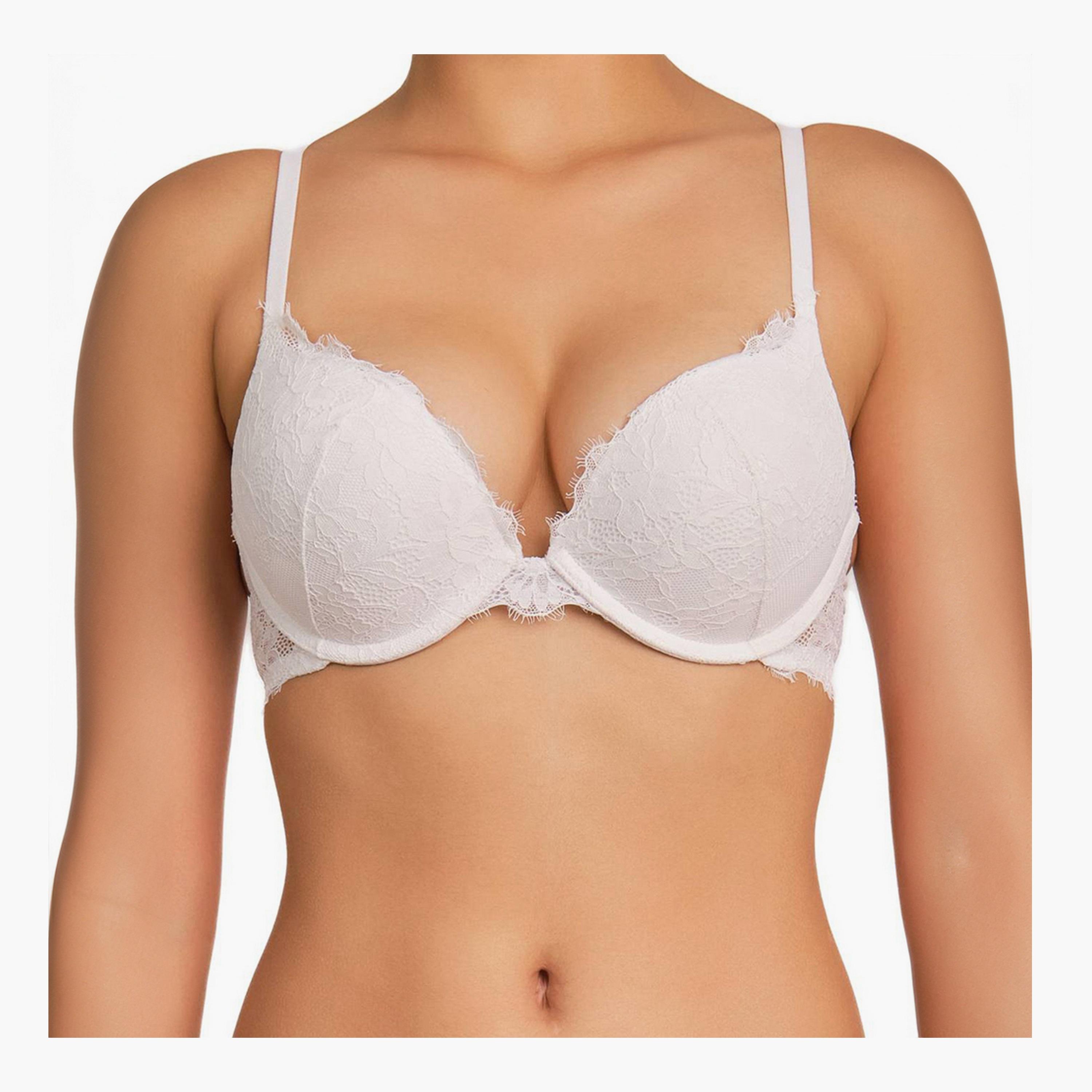 La Senza Sexy White Lace Wired Medium Support Padded Women's Double Push-Up Plunge Bra-women-clothing-lingerie-bras-image-1