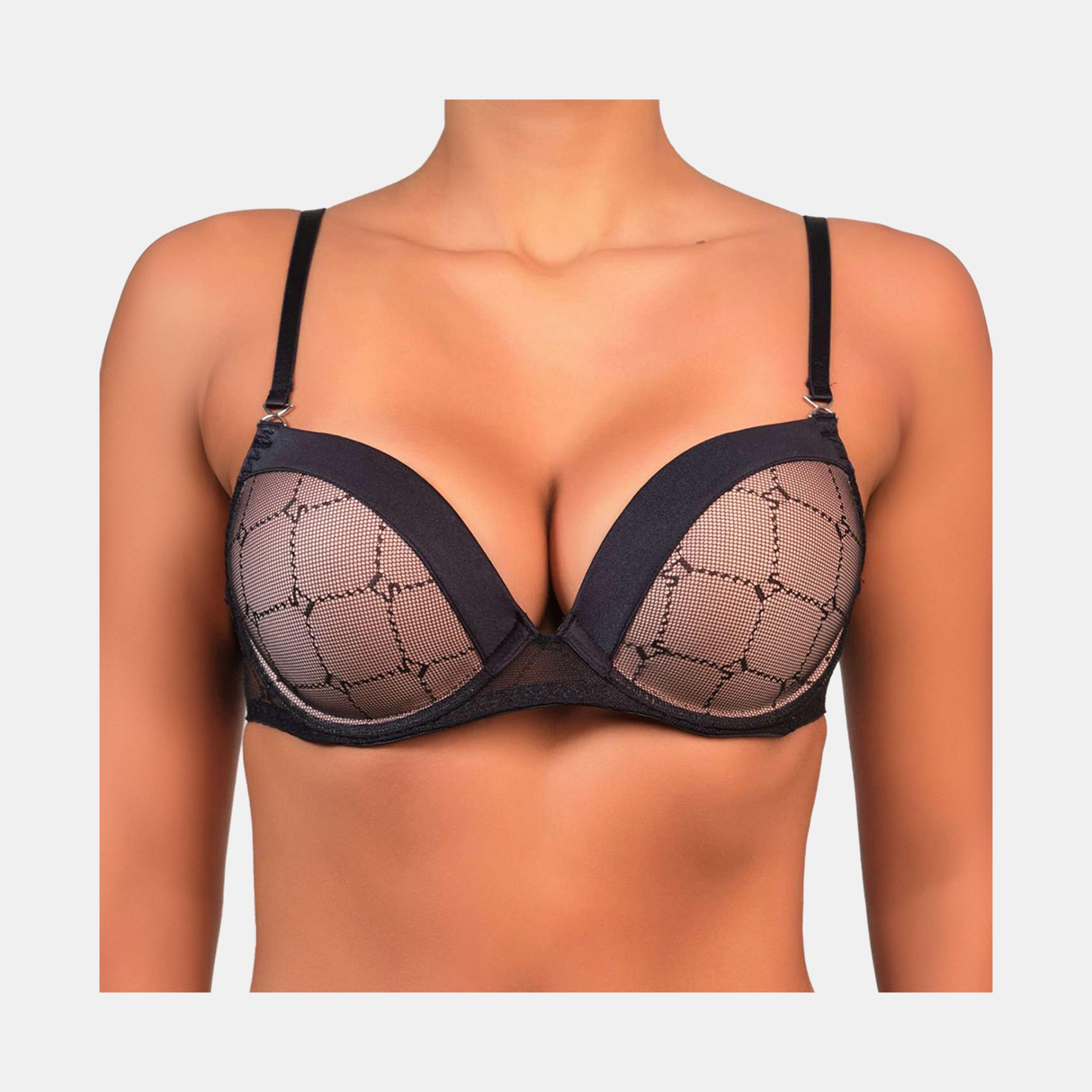 La Senza Sexy Black Wired Medium Support Padded Mesh Women's Double Push-Up Plunge Bra-women-clothing-lingerie-bras-image-1