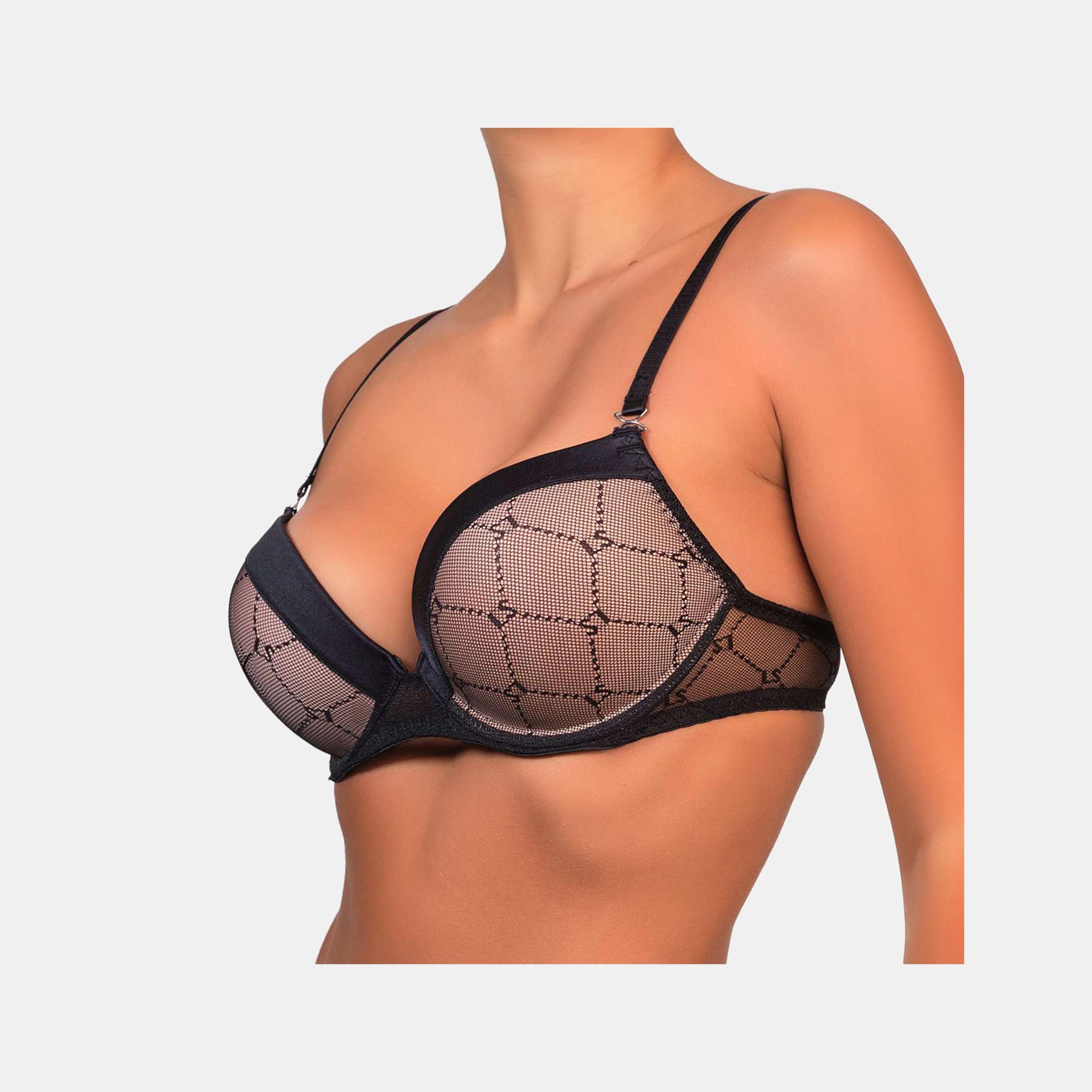 La Senza Sexy Black Wired Medium Support Padded Mesh Women's Double Push-Up Plunge Bra-women-clothing-lingerie-bras-image-2