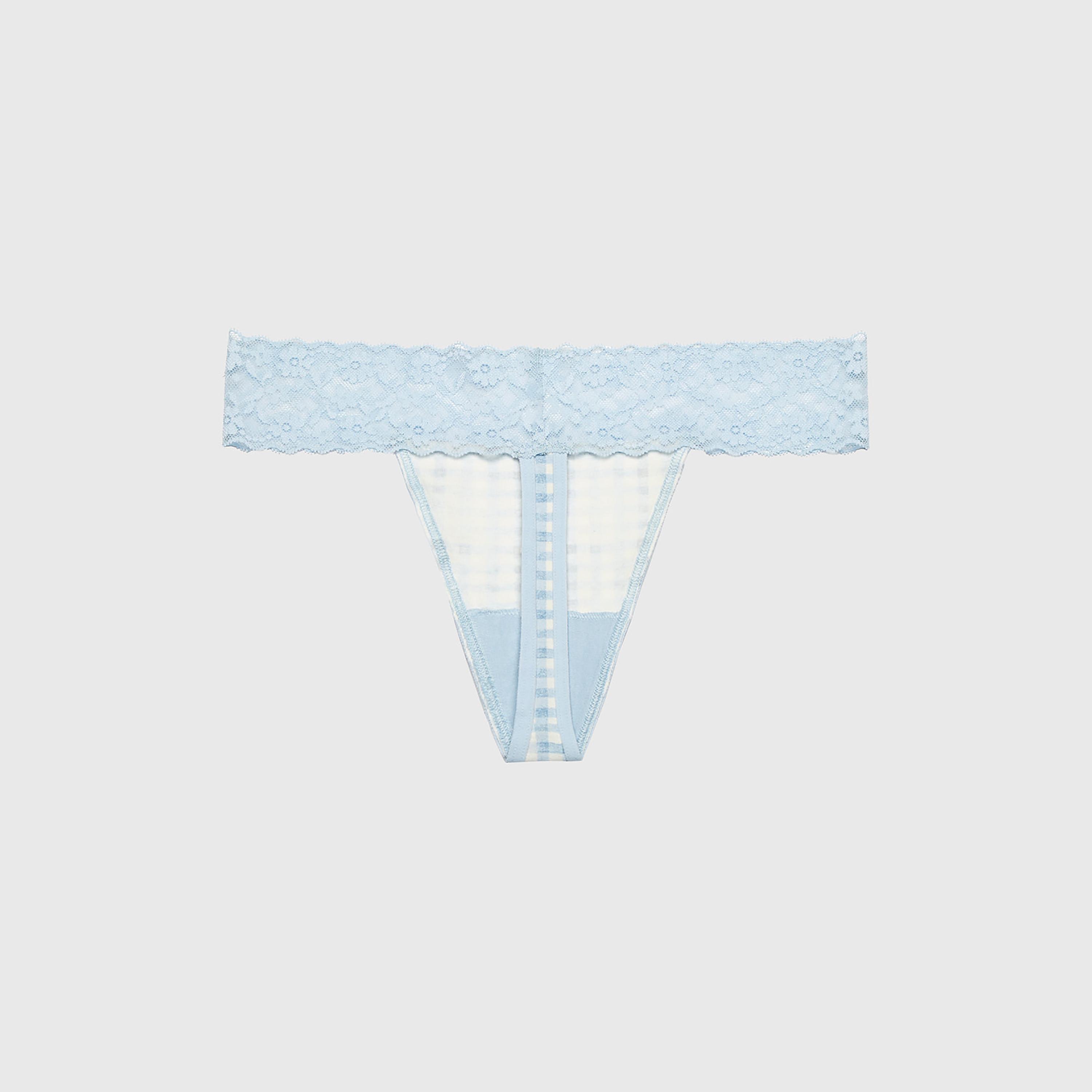 La Senza Blue Cotton Checked Lace Trim Low Coverage Women's Thong Panties-women-clothing-lingerie-panties-image-3