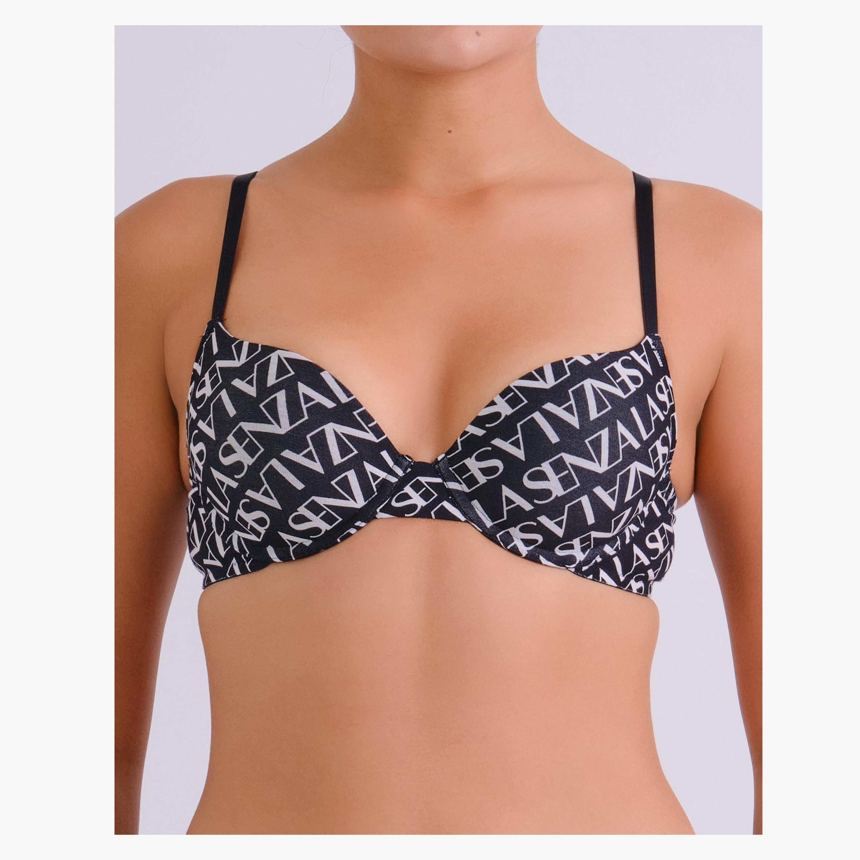 La Senza Everyday Black Typographic Wired Medium Support Padded Push-Up Women's Demi Bra-women-clothing-lingerie-bras-image-1