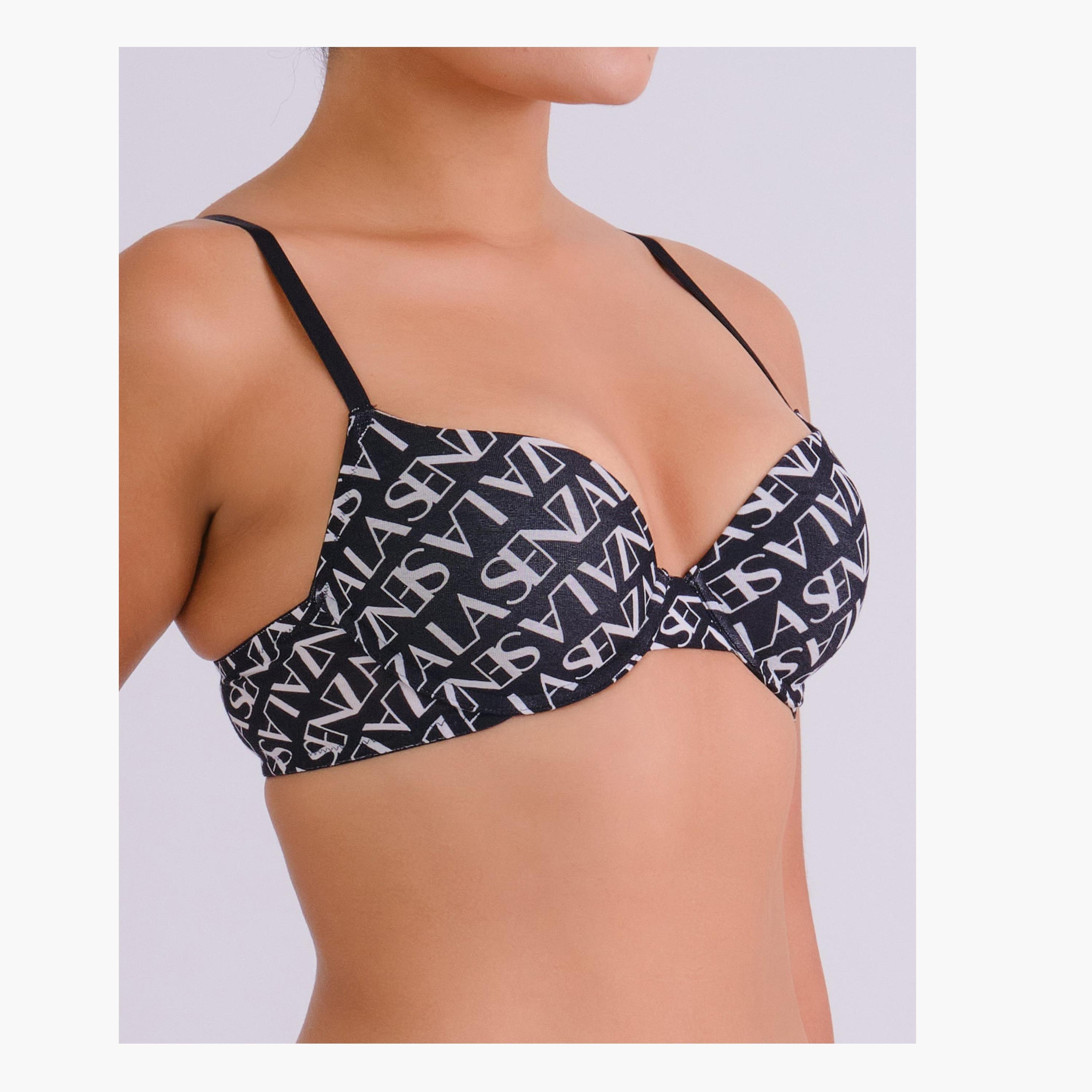 La Senza Everyday Black Typographic Wired Medium Support Padded Push-Up Women's Demi Bra-women-clothing-lingerie-bras-image-3