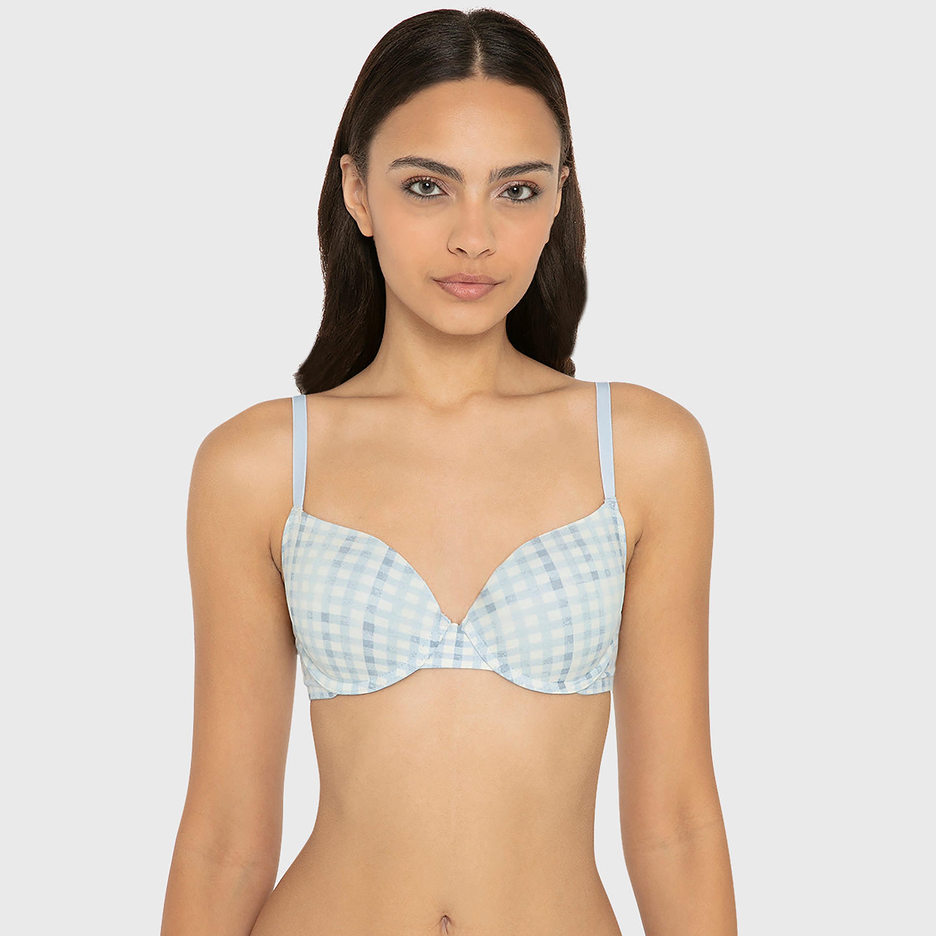 La Senza Blue Cotton Checked Wired Medium Support Lightly Lined Women's T-Shirt Bra-women-clothing-lingerie-bras-image-1