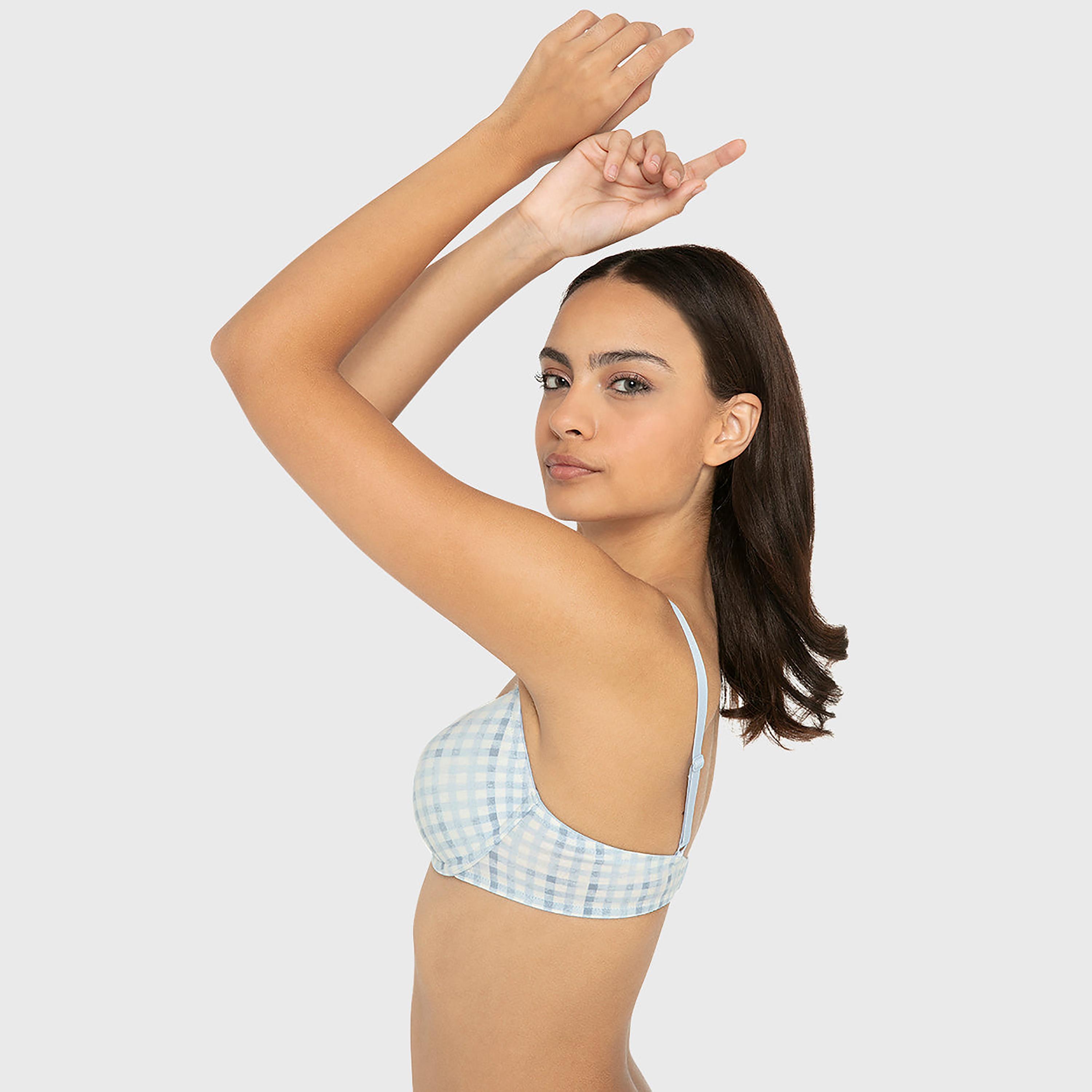 La Senza Blue Cotton Checked Wired Medium Support Lightly Lined Women's T-Shirt Bra-women-clothing-lingerie-bras-image-2