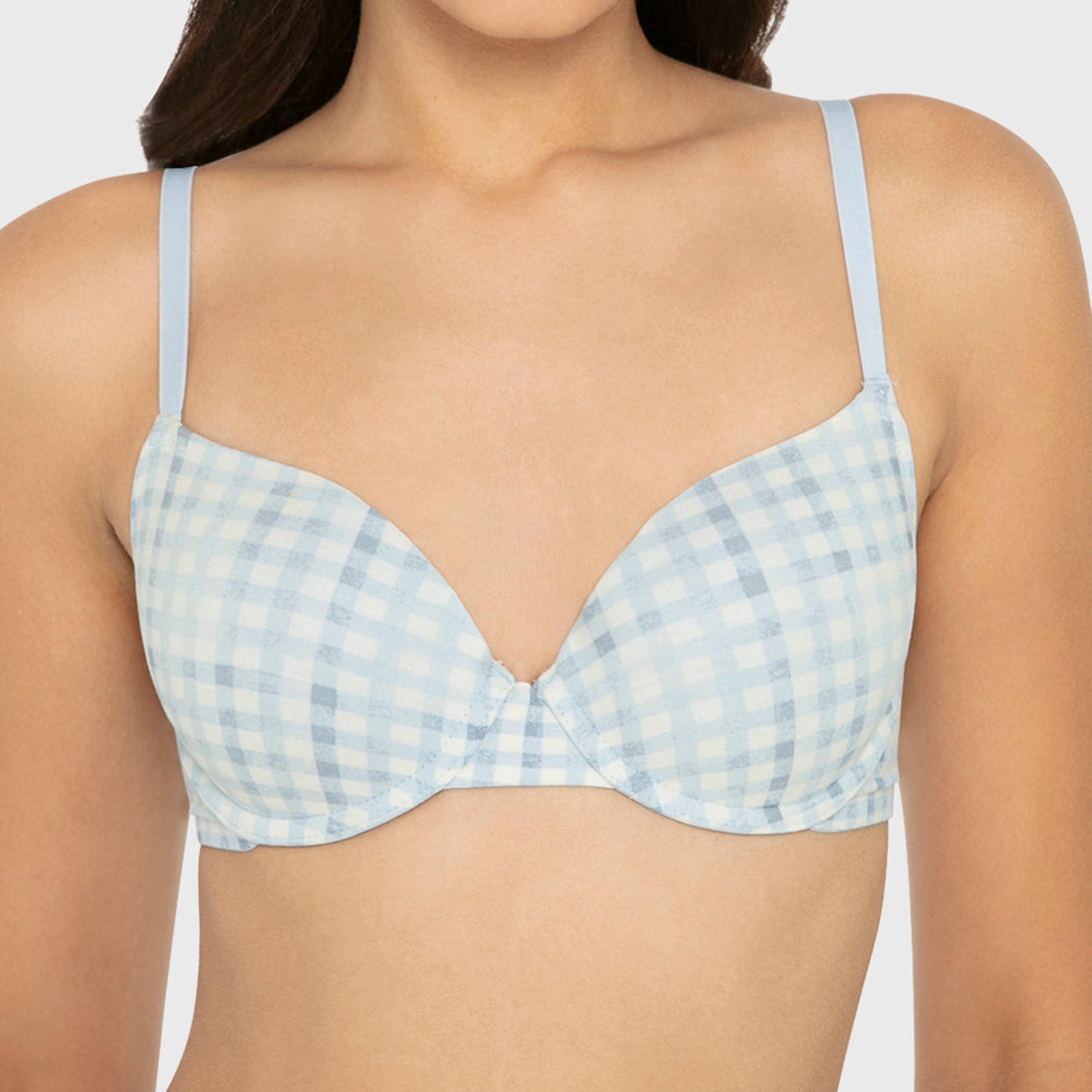 La Senza Blue Cotton Checked Wired Medium Support Lightly Lined Women's T-Shirt Bra-women-clothing-lingerie-bras-image-4