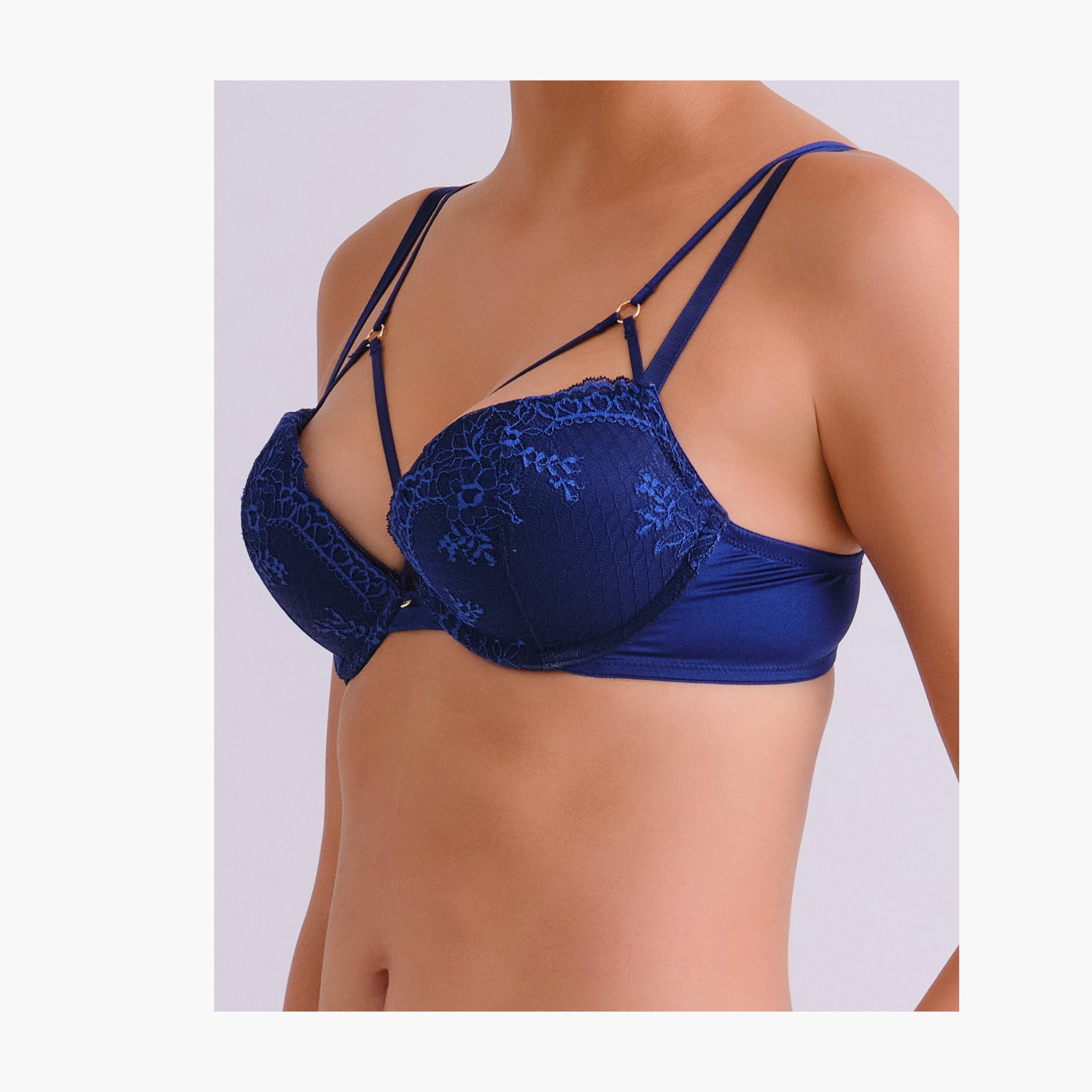 La Senza Blue Lace Wired Medium Support Padded Women's Cage Plunge Bra-women-clothing-lingerie-bras-image-3