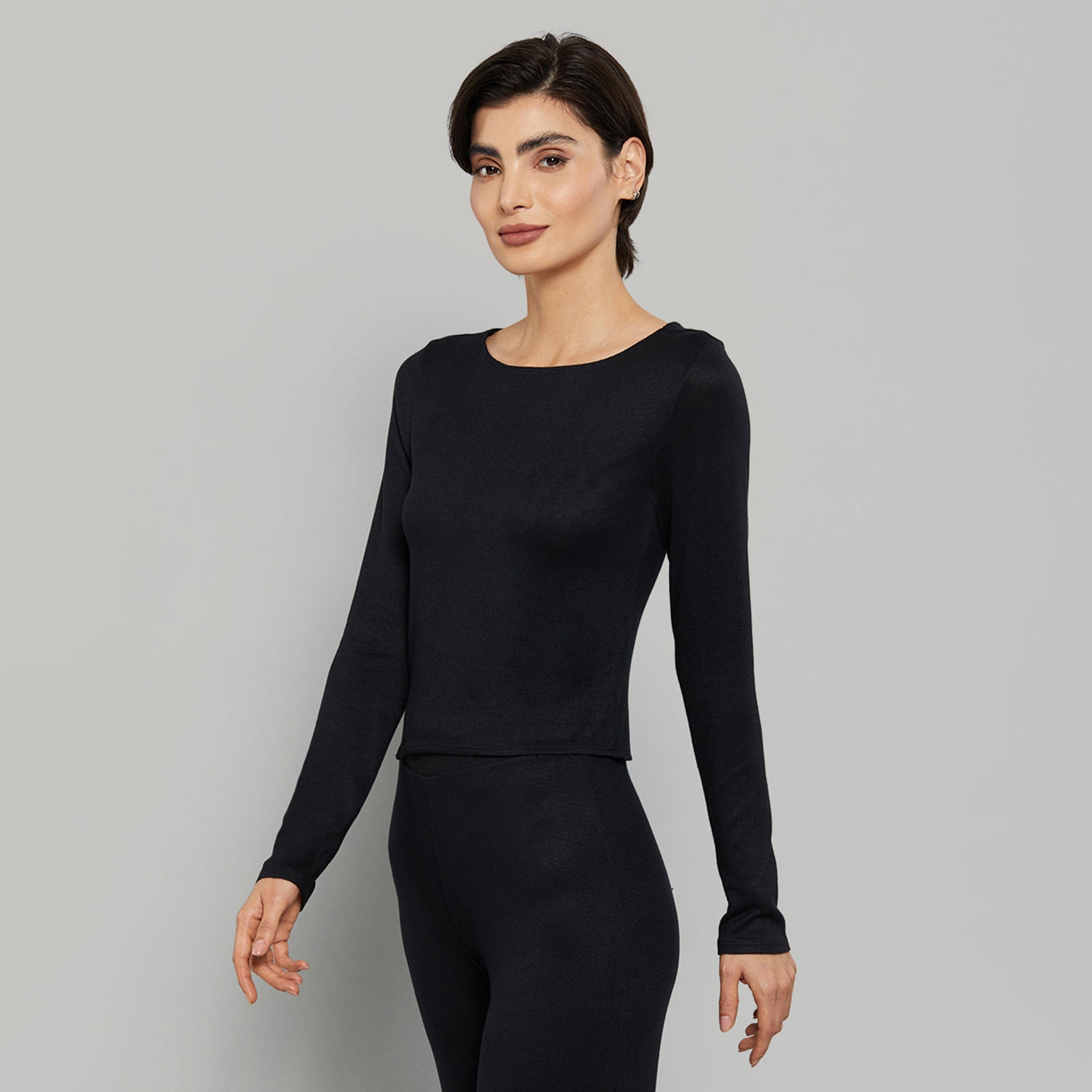بلوزة نسائية سادة بياقة دائرية وأكمام طويلة من لا سينزا-women-clothing-nightwear-pyjamas-tops-image-3