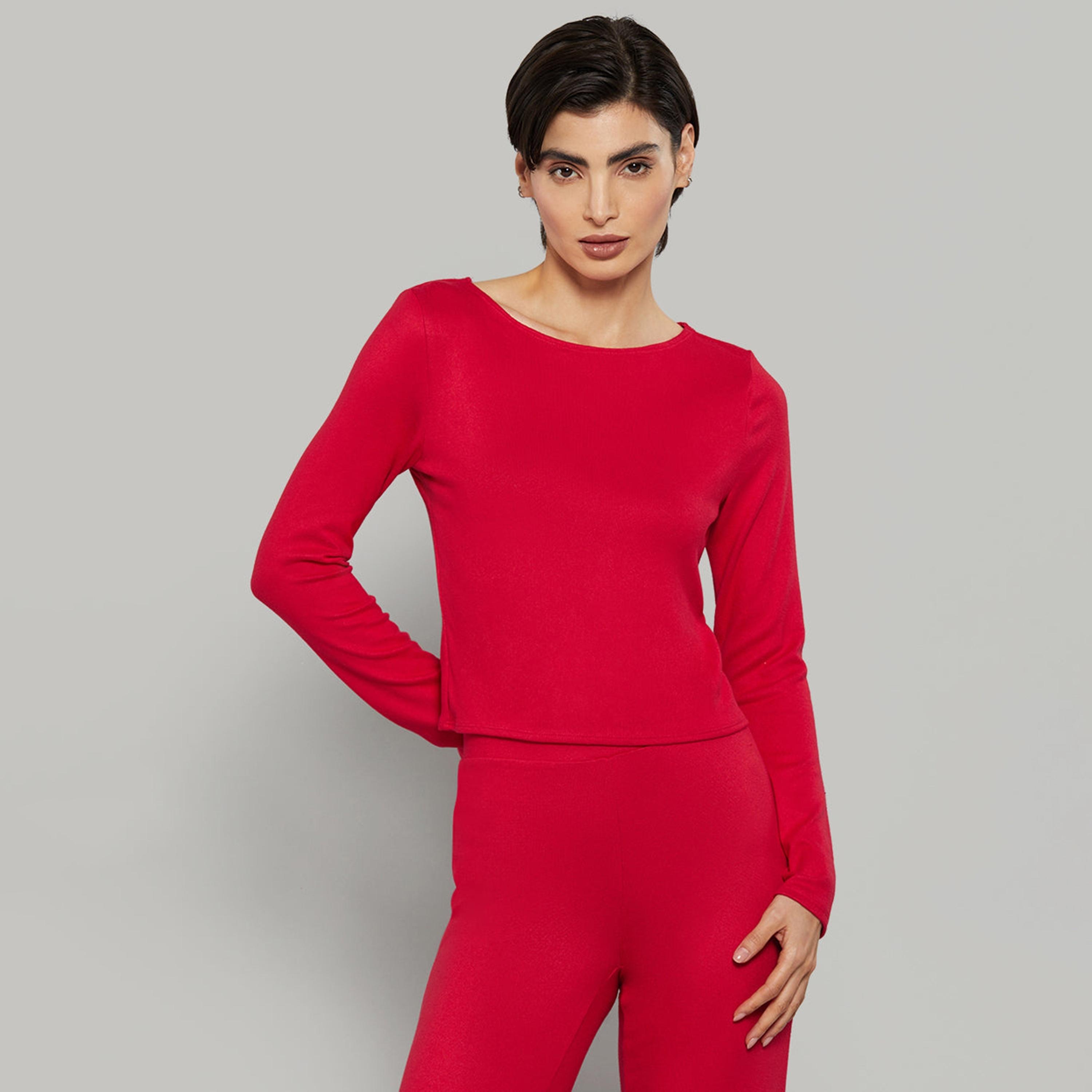 بلوزة نسائية سادة بياقة دائرية وأكمام طويلة من لا سينزا-women-clothing-nightwear-pyjamas-tops-image-9