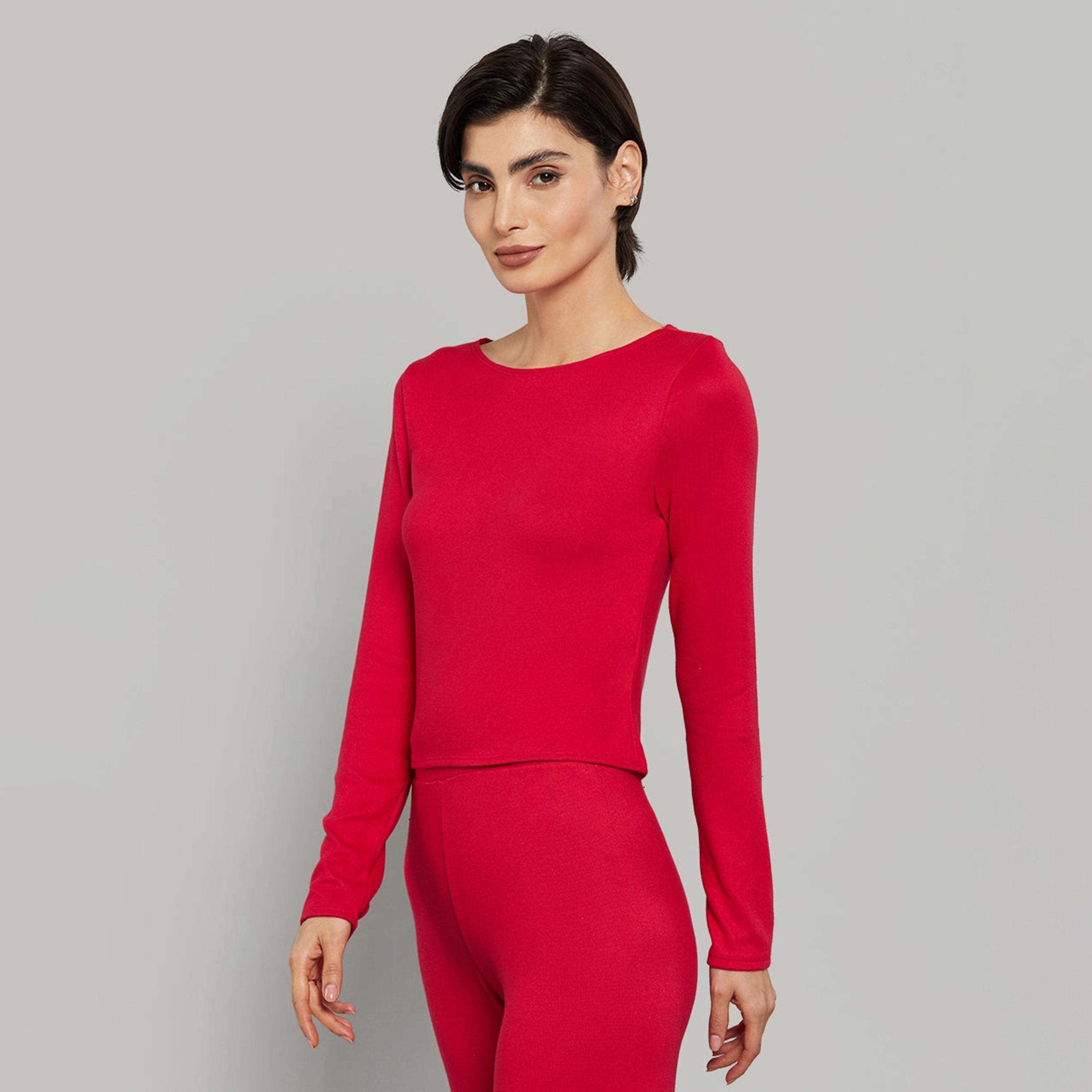 بلوزة نسائية سادة بياقة دائرية وأكمام طويلة من لا سينزا-women-clothing-nightwear-pyjamas-tops-image-11