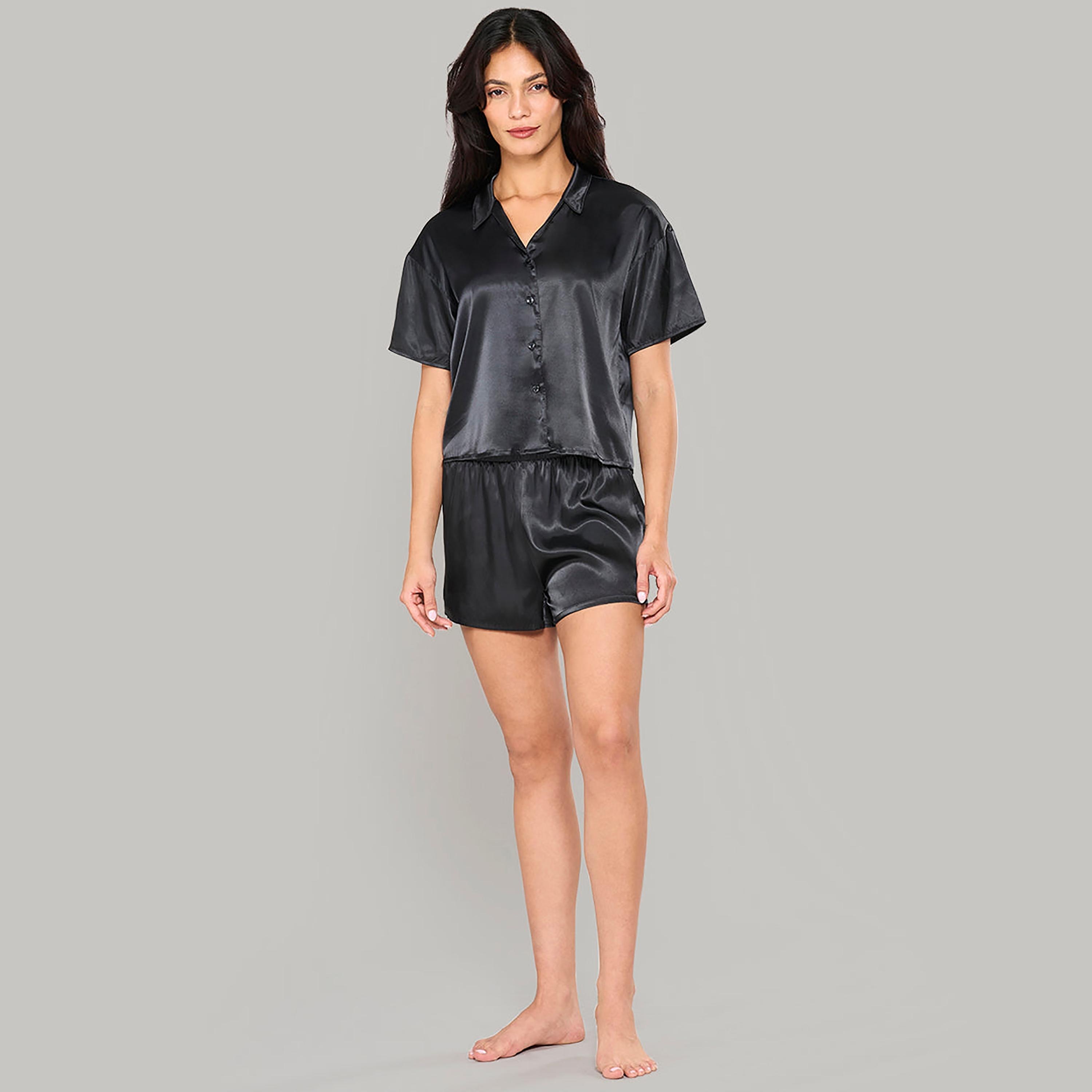 طقم شورت نسائي من قطعتين بلوزة وشورت سادة من لا سينزا-women-clothing-nightwear-pyjamas-shortsets-image-3