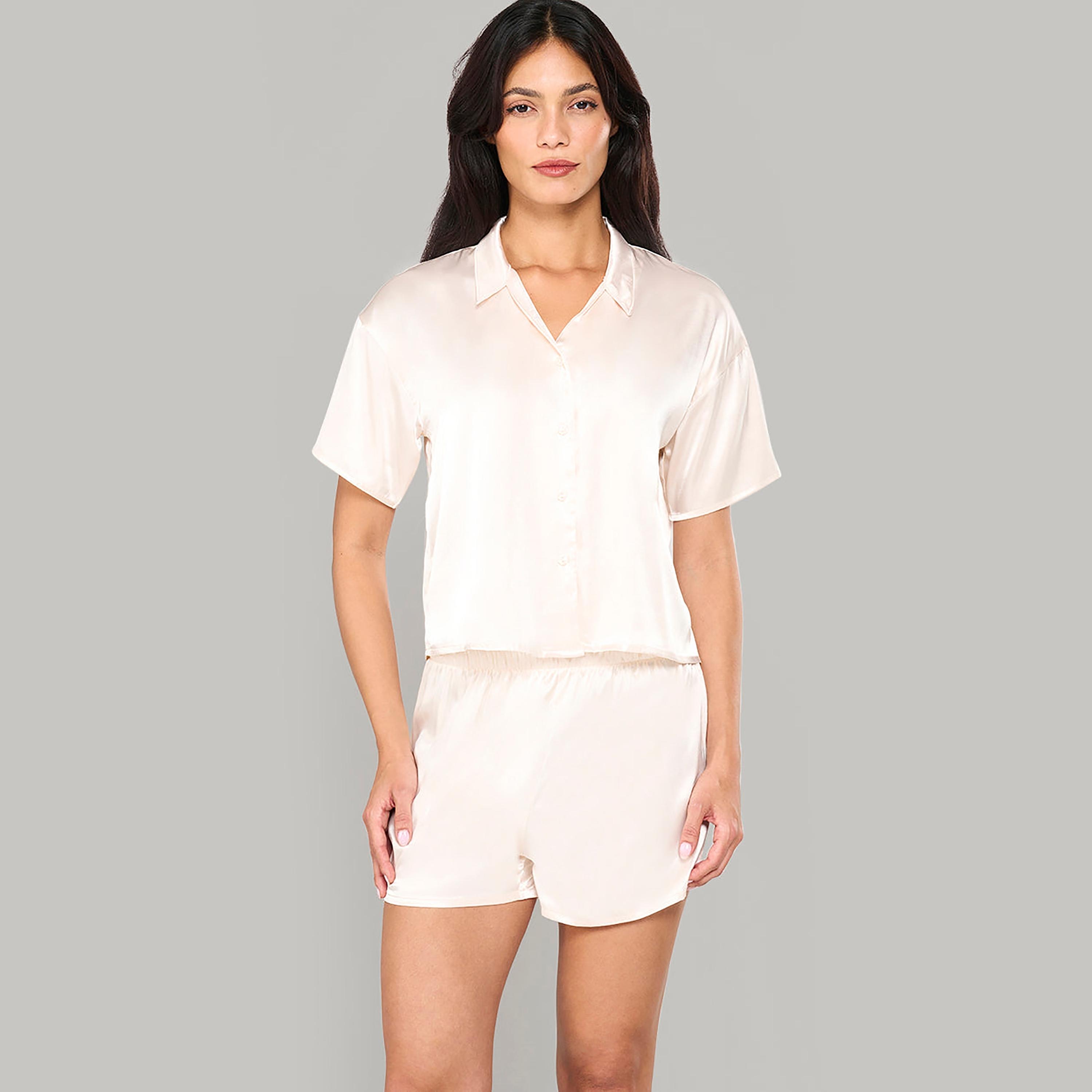 طقم شورت نسائي من قطعتين بلوزة وشورت سادة من لا سينزا-women-clothing-nightwear-pyjamas-shortsets-image-7