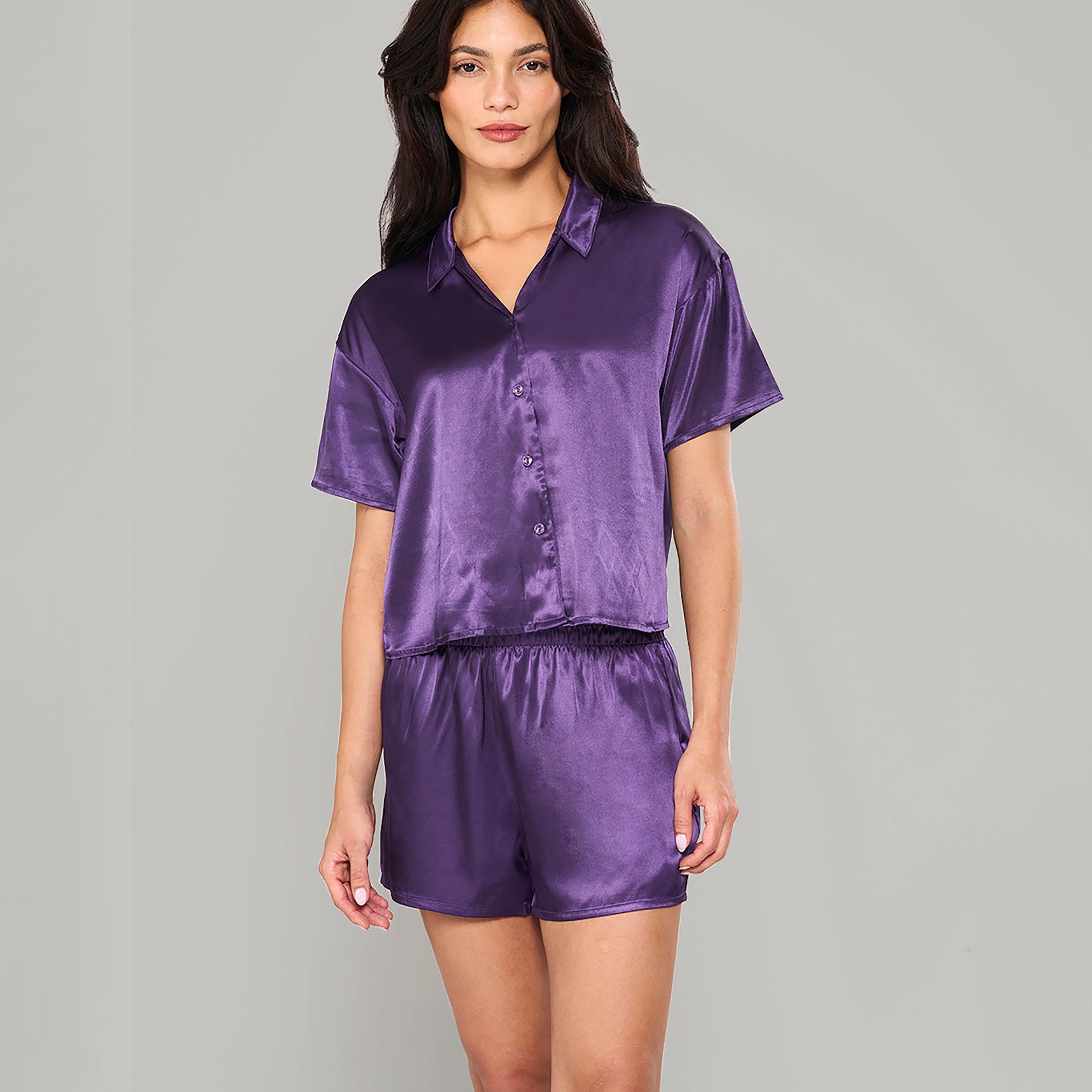 طقم شورت نسائي من قطعتين بلوزة وشورت سادة من لا سينزا-women-clothing-nightwear-pyjamas-shortsets-image-3