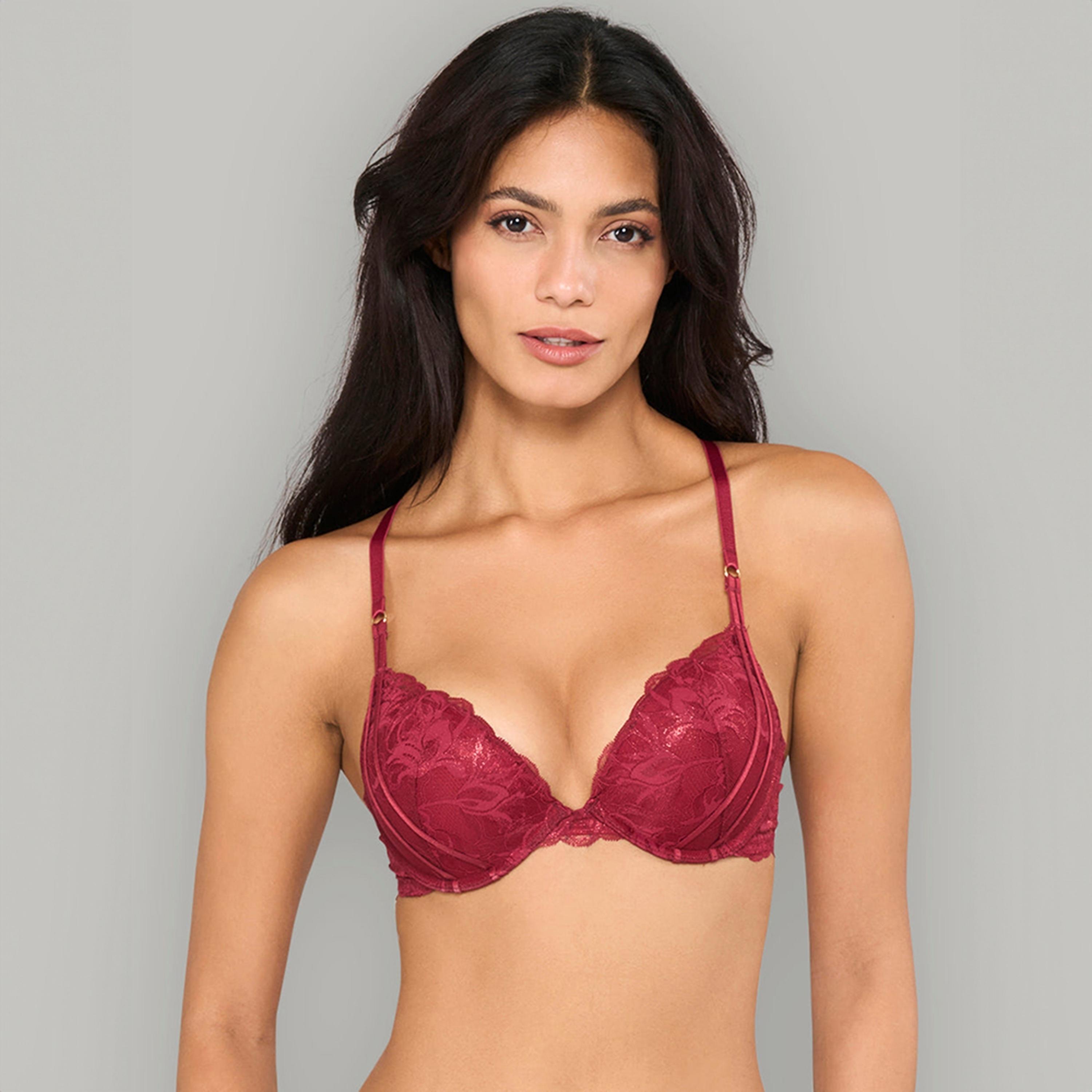 La Senza Hello Sugar Red Lace Wired High Support Double Push Up Women's Plunge Bra-women-clothing-lingerie-bras-image-1