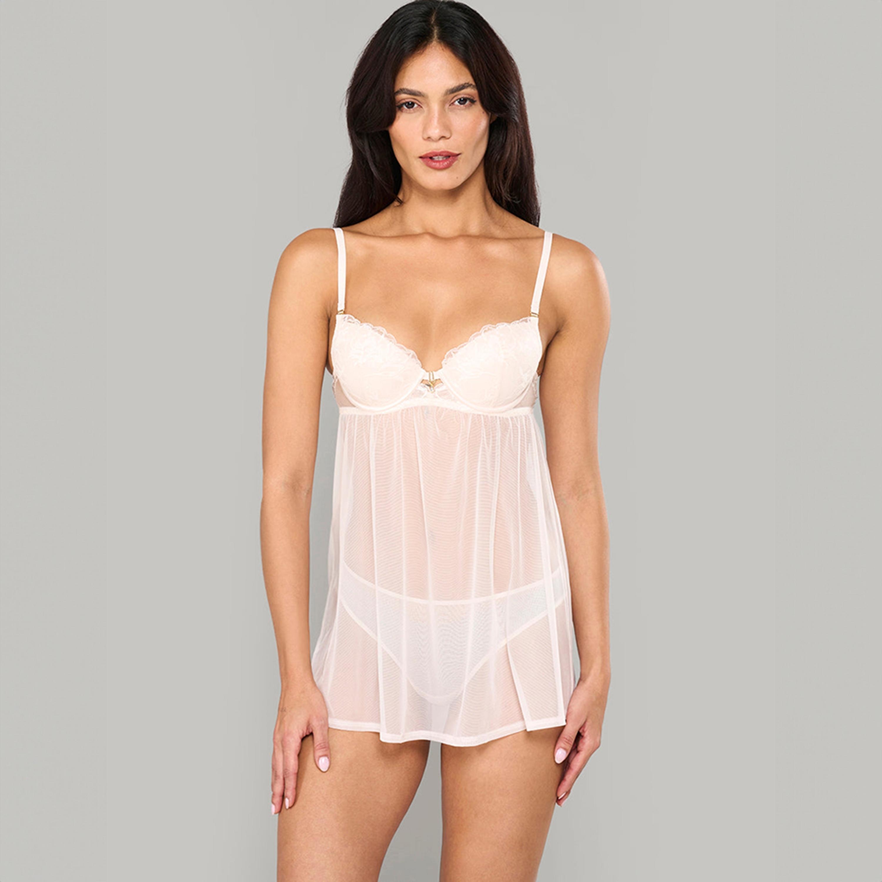 بيبي دول نسائي بتفاصيل حلية مركزية مبطن قليلًا بدعم متوسط بسلك من لا سينزا-women-clothing-lingerie-babydollsandbodysuits-image-1
