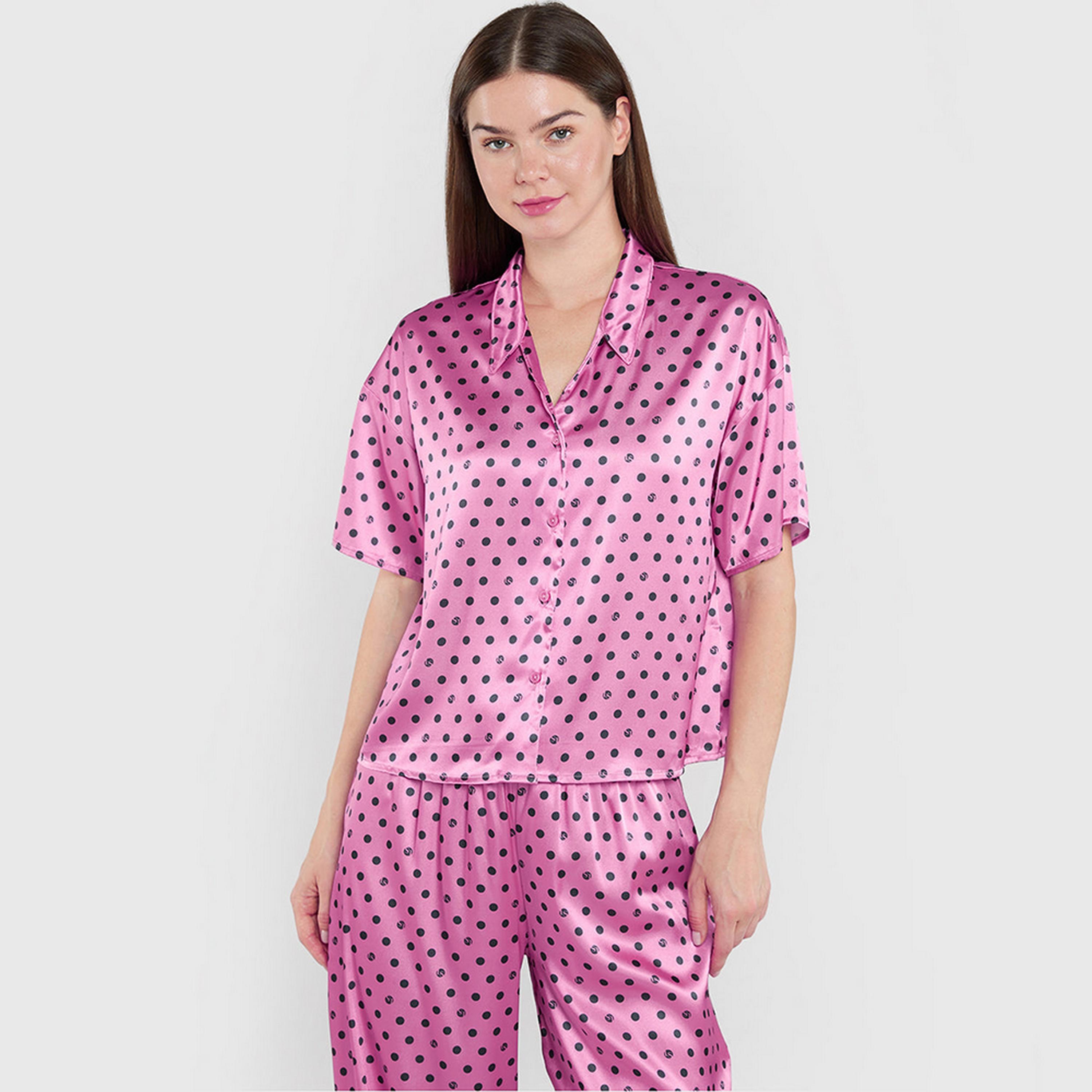 قميص نوم نسائي بأكمام قصيرة وياقة منقطة من لا سنزا-women-clothing-nightwear-pyjamas-tops-image-1