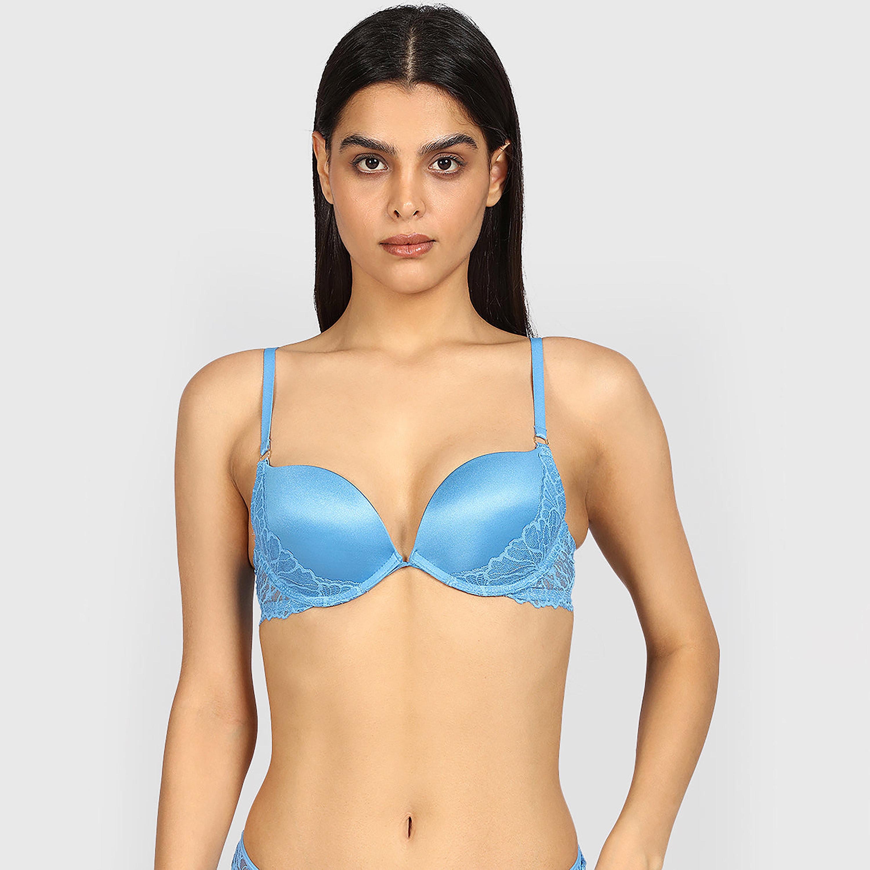 La Senza Blue Lace Wired Medium Support Padded Women's Push-Up Plunge Bra-women-clothing-lingerie-bras-image-1