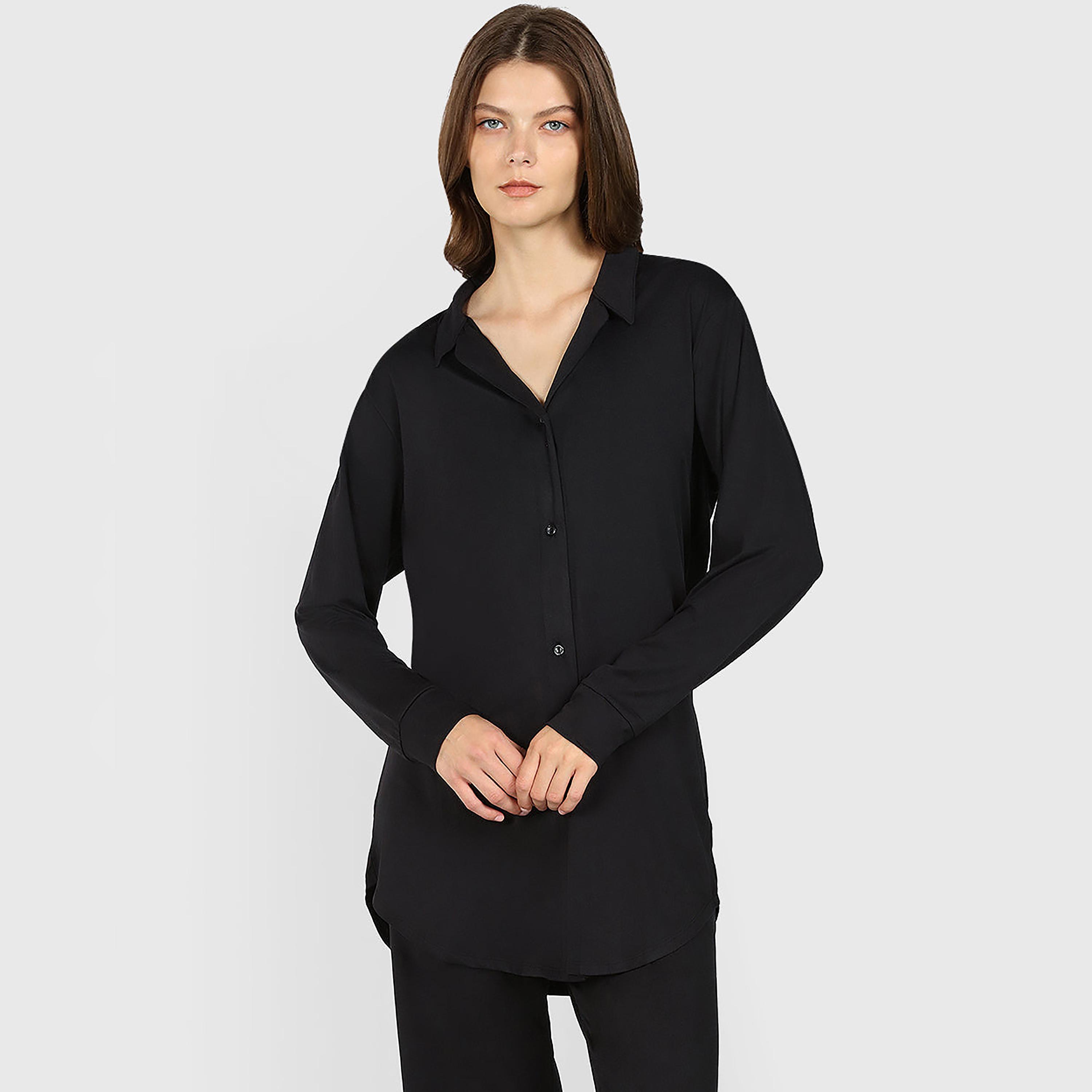 قميص نوم نسائي سادة بياقة وأكمام طويلة من لا سينزا-women-clothing-nightwear-pyjamas-tops-image-1