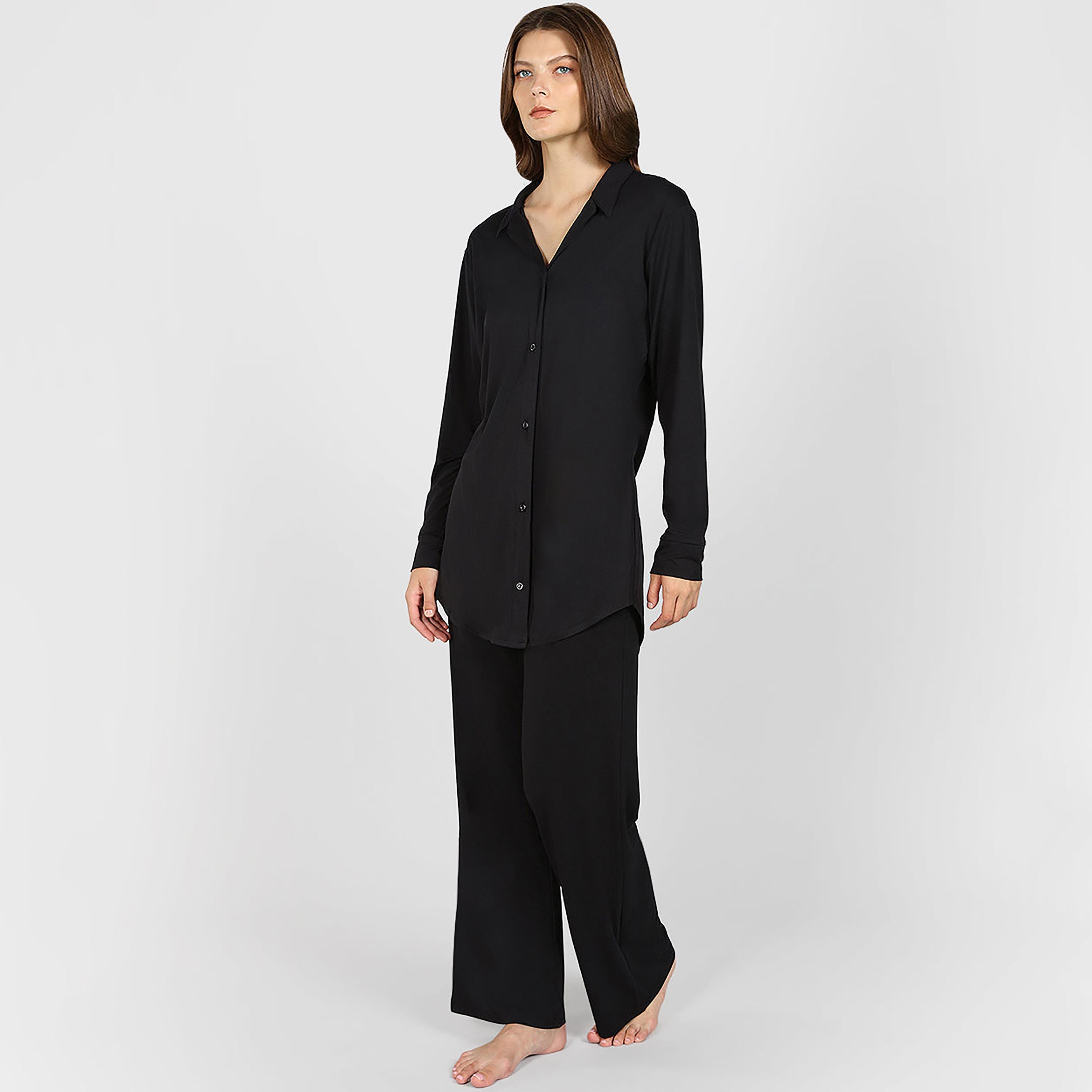 قميص نوم نسائي سادة بياقة وأكمام طويلة من لا سينزا-women-clothing-nightwear-pyjamas-tops-image-3