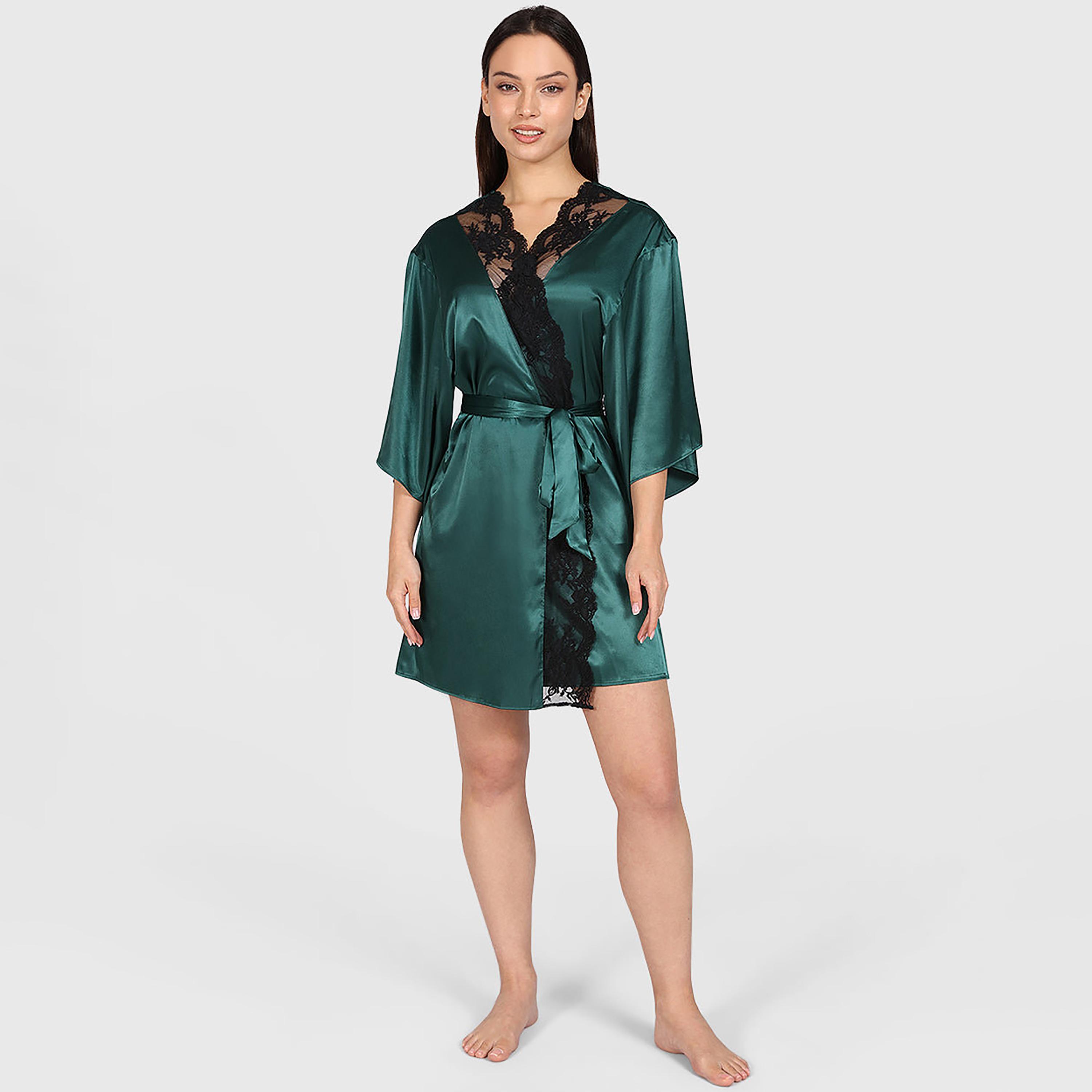 La Senza Lace Detailed Surplice Neck Three-Quarter Sleeves Women's Robe-women-clothing-nightwear-robes-image-1