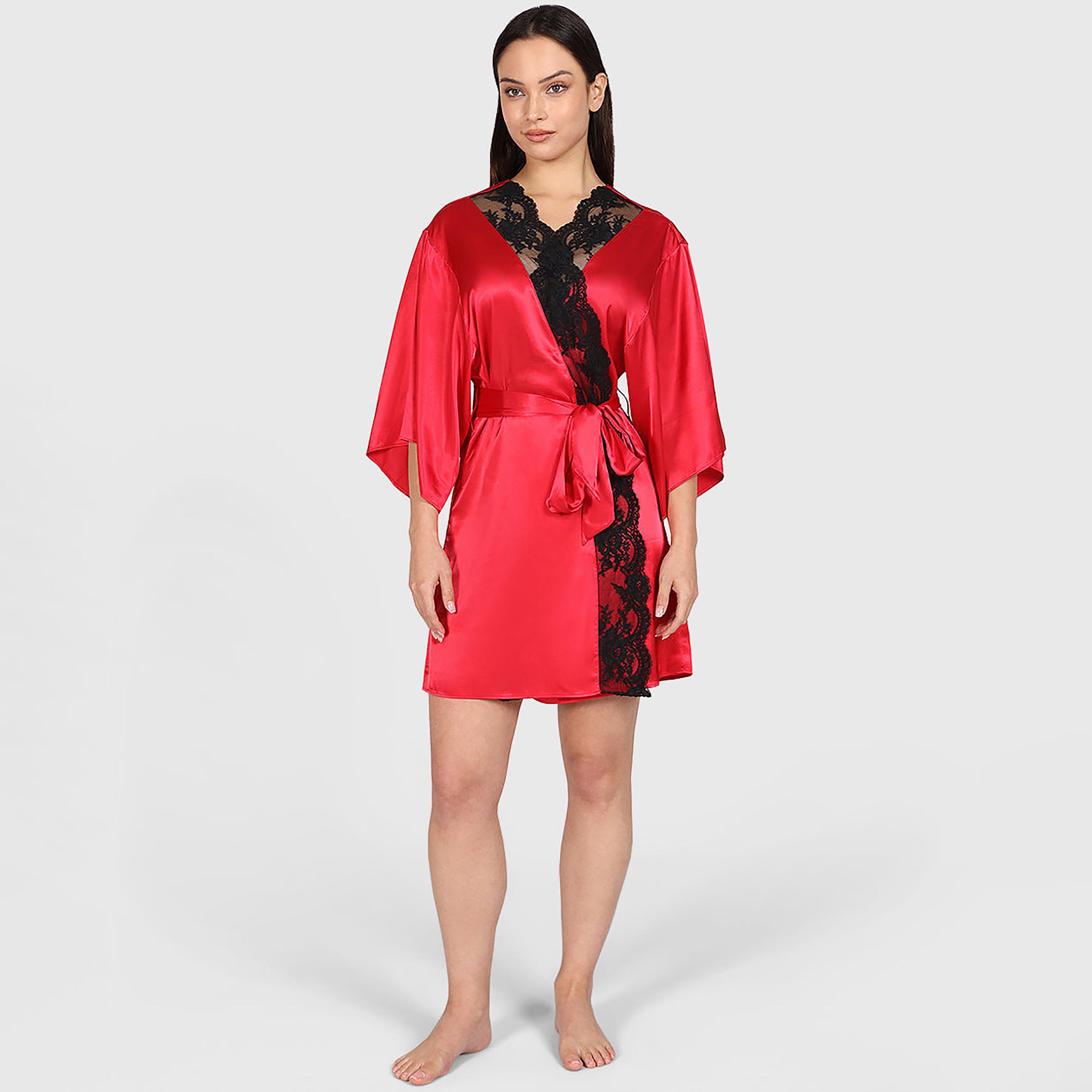 La Senza Lace Detailed Surplice Neck Three-Quarter Sleeves Women's Robe-women-clothing-nightwear-robes-image-1