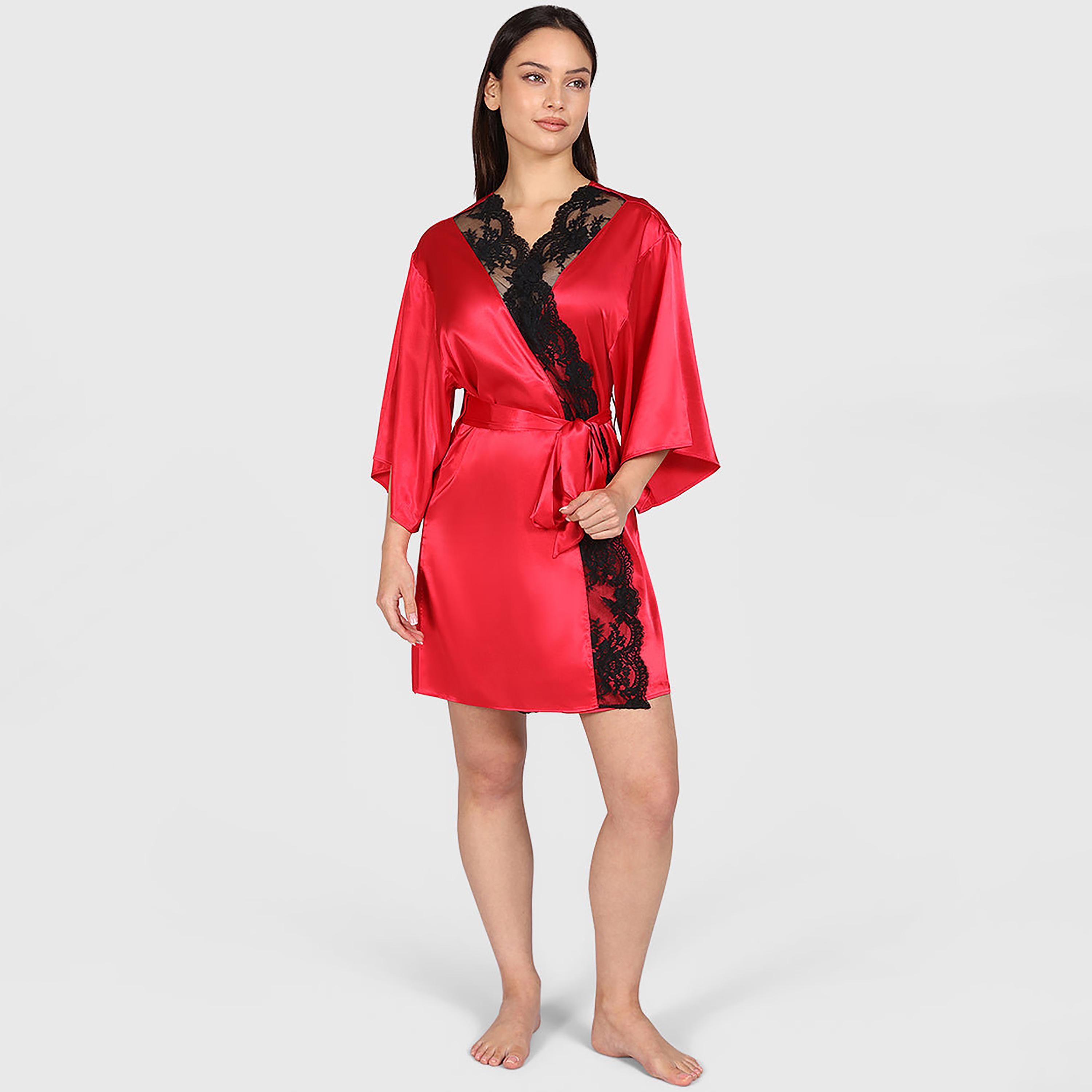 La Senza Lace Detailed Surplice Neck Three-Quarter Sleeves Women's Robe-women-clothing-nightwear-robes-image-2