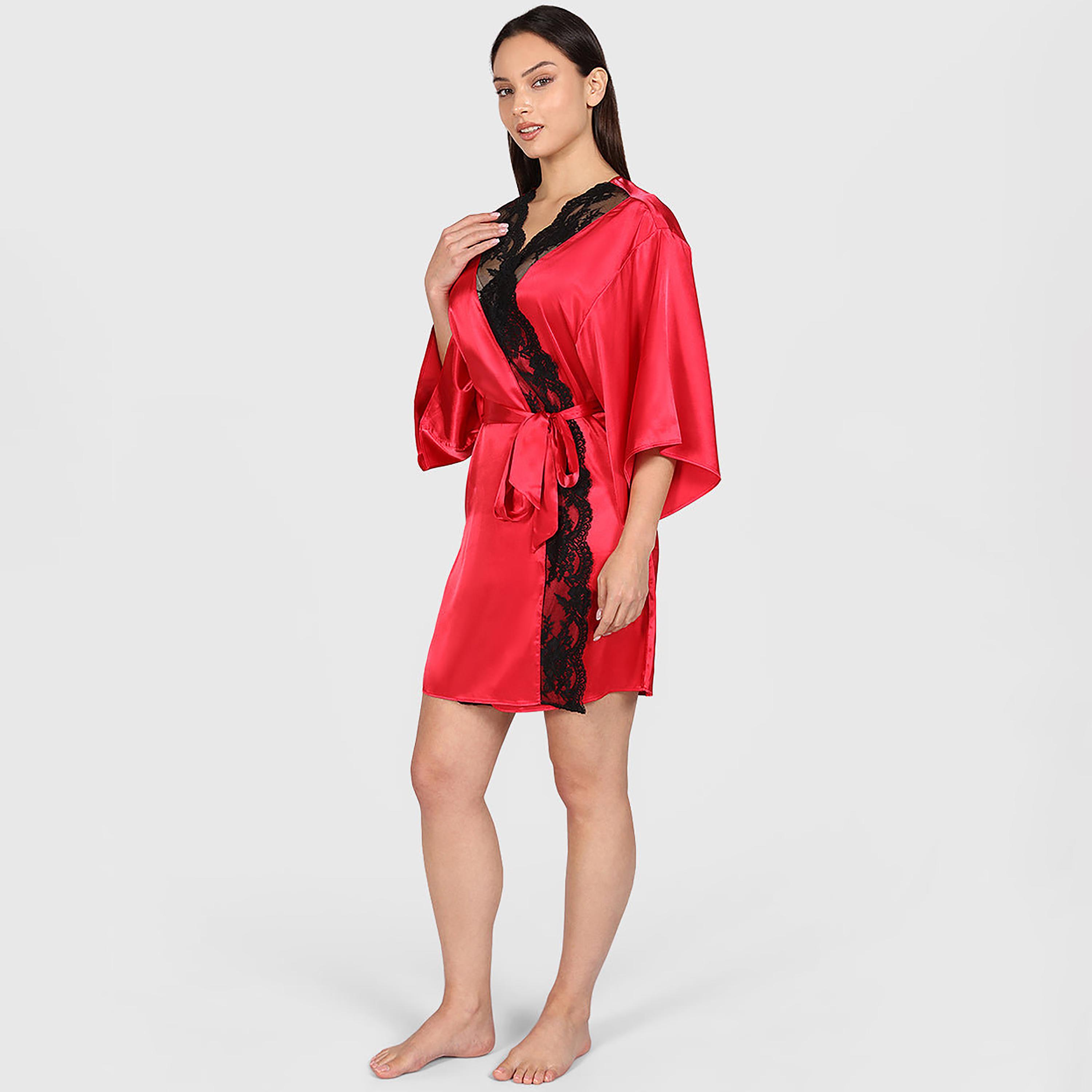 La Senza Lace Detailed Surplice Neck Three-Quarter Sleeves Women's Robe-women-clothing-nightwear-robes-image-3