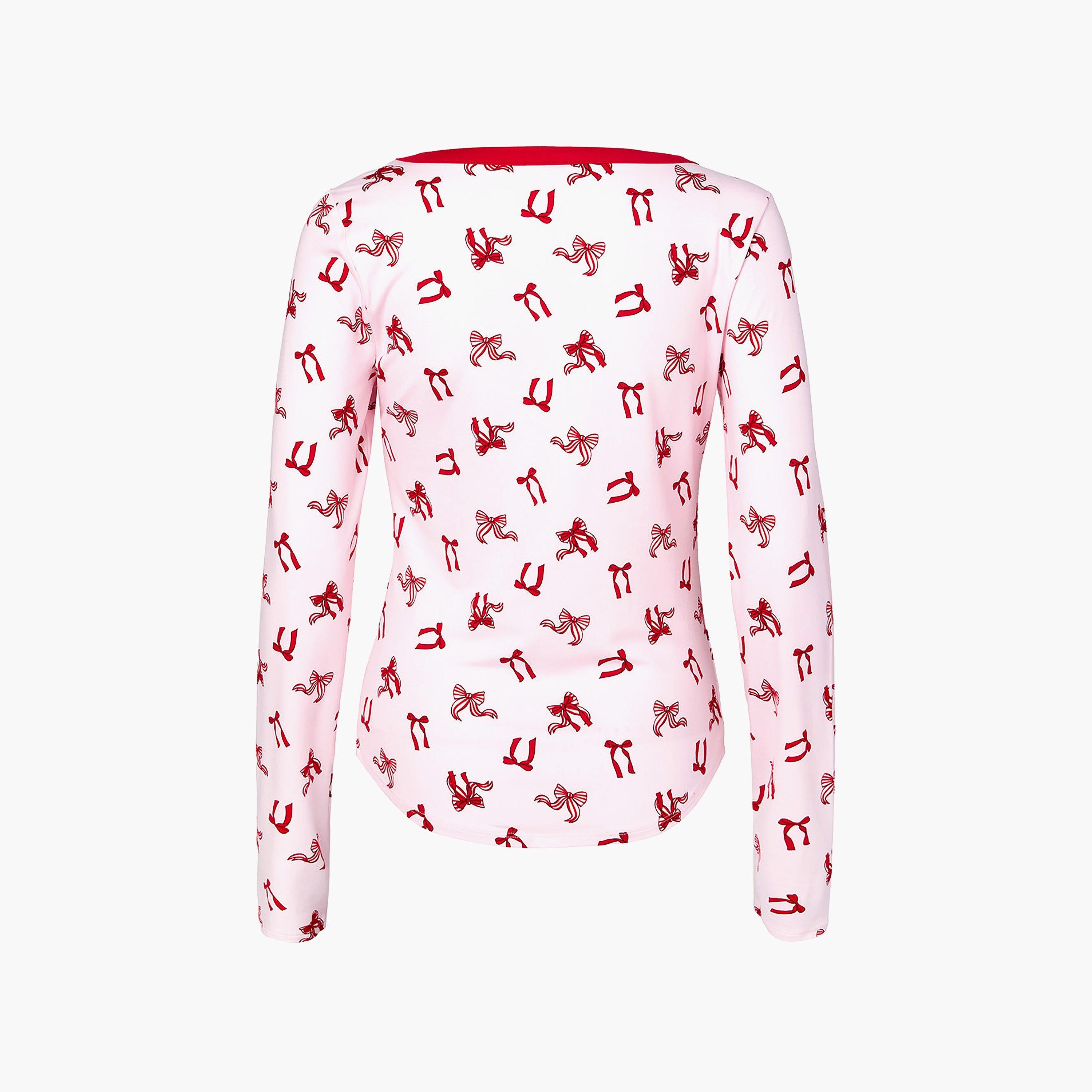 توب نسائي بفتحة رقبة V وأكمام طويلة وطبعة فيونكة من لا سنزا-women-clothing-nightwear-pyjamas-tops-image-4