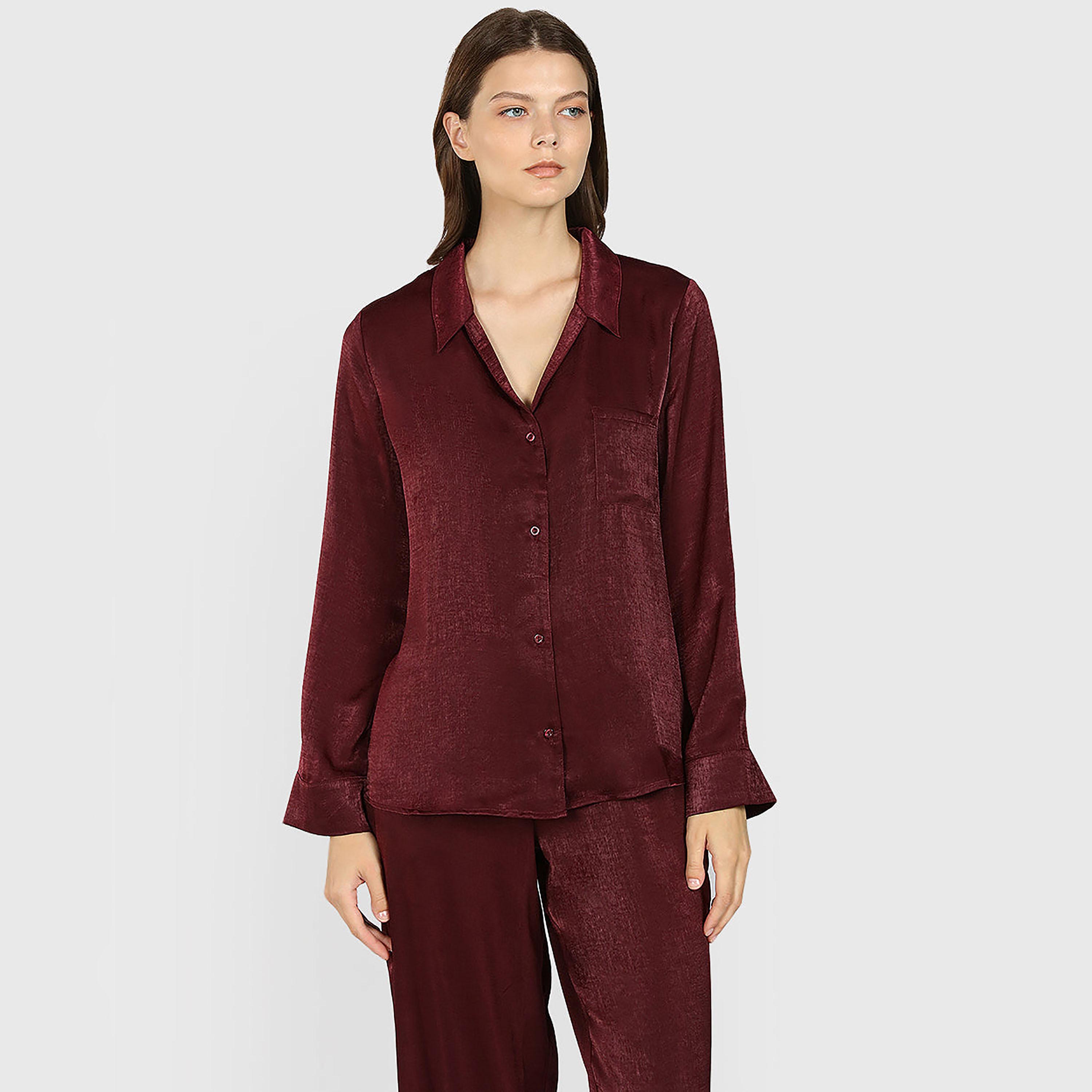 قميص نوم نسائي سادة بياقة وأكمام طويلة من لا سينزا-women-clothing-nightwear-pyjamas-tops-image-1