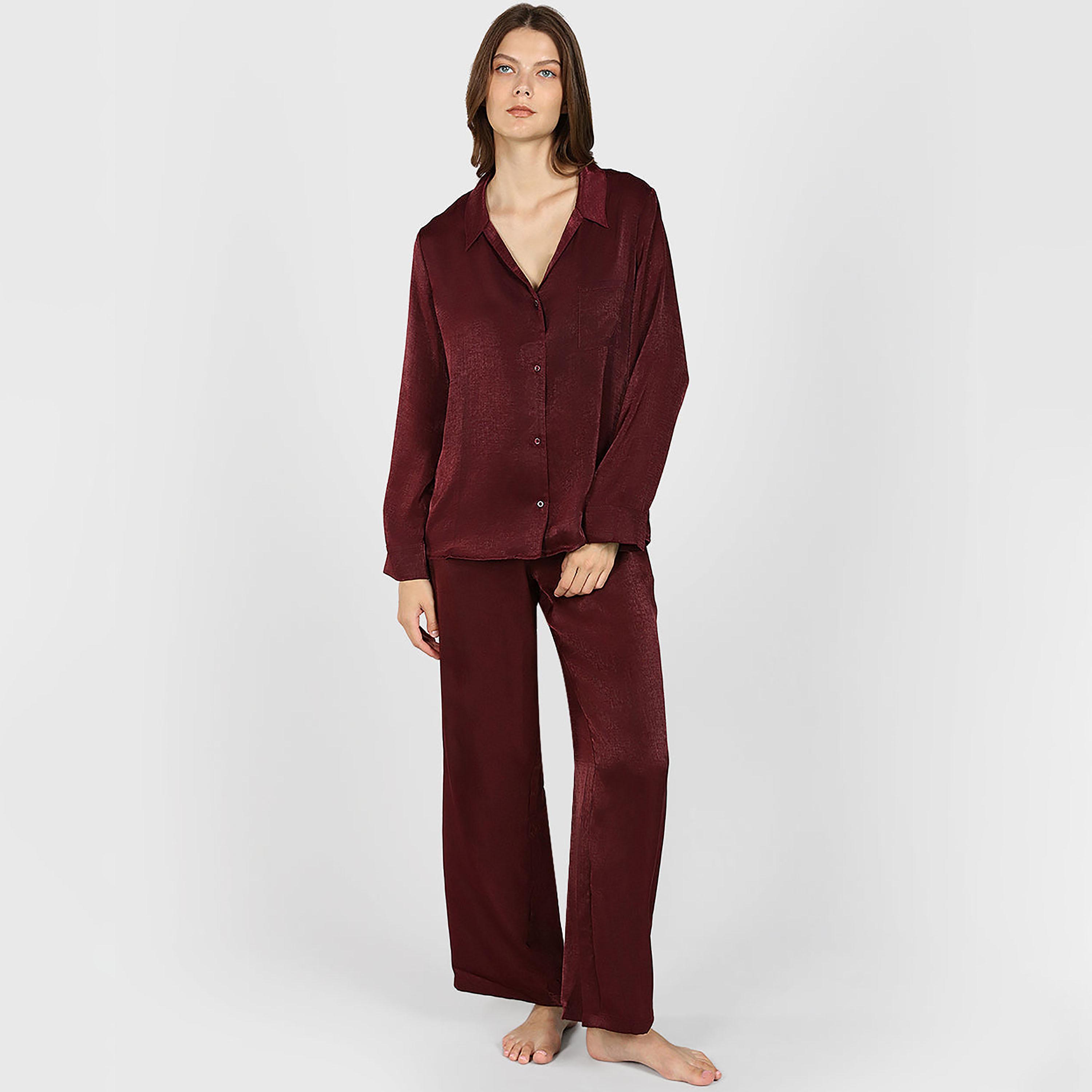 قميص نوم نسائي سادة بياقة وأكمام طويلة من لا سينزا-women-clothing-nightwear-pyjamas-tops-image-3