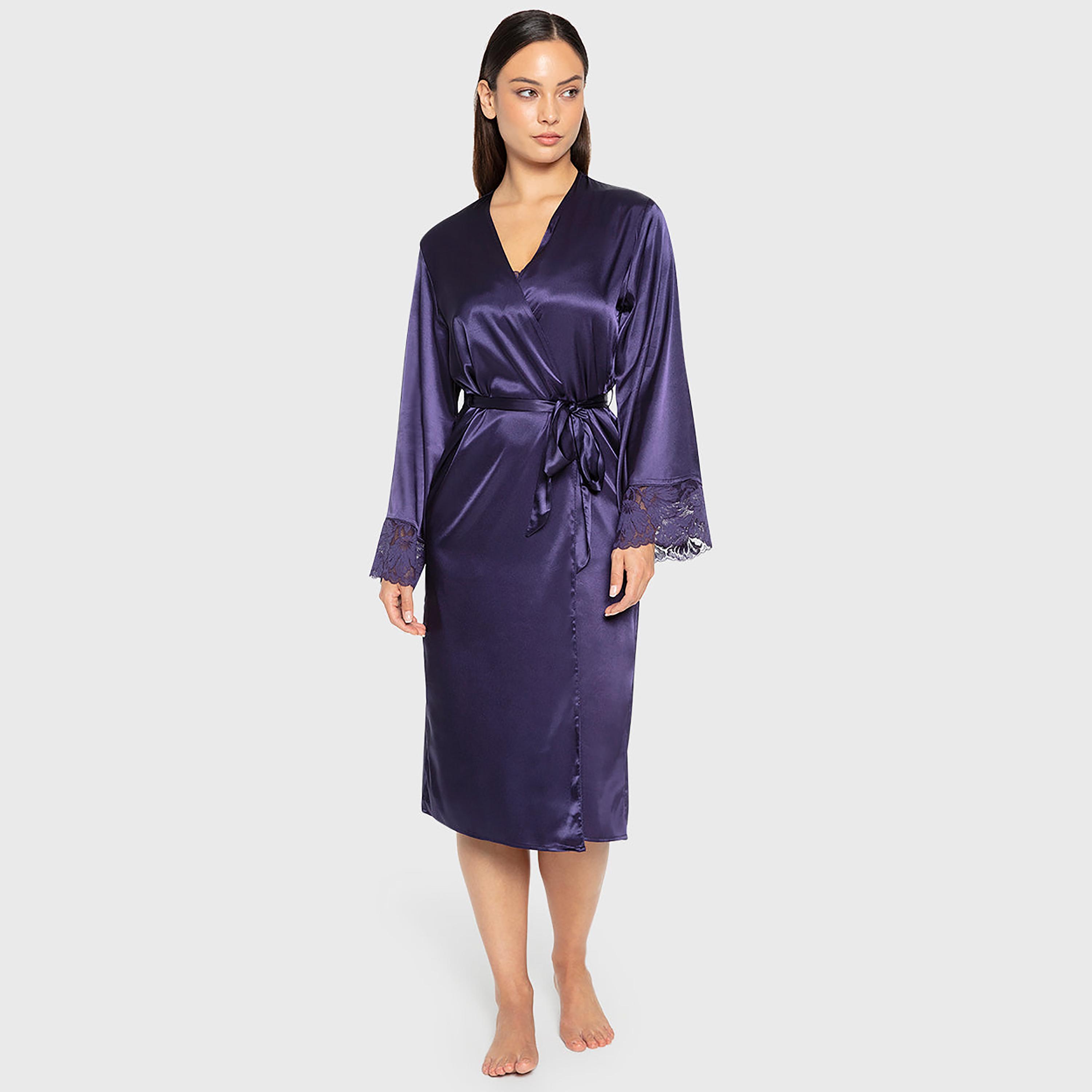 روب نسائي سادة بفتحة رقبة متداخلة وأكمام طويلة من لا سينزا-women-clothing-nightwear-robes-image-1