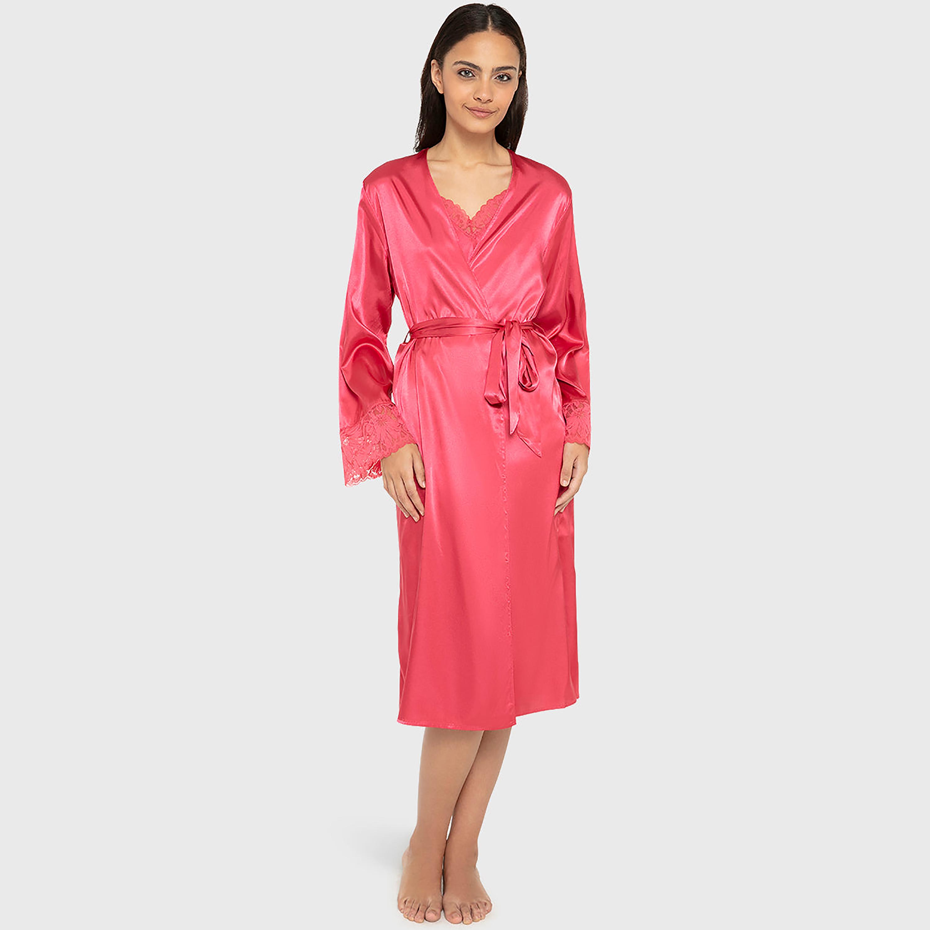 روب نسائي سادة بفتحة رقبة متداخلة وأكمام طويلة من لا سينزا-women-clothing-nightwear-robes-image-9