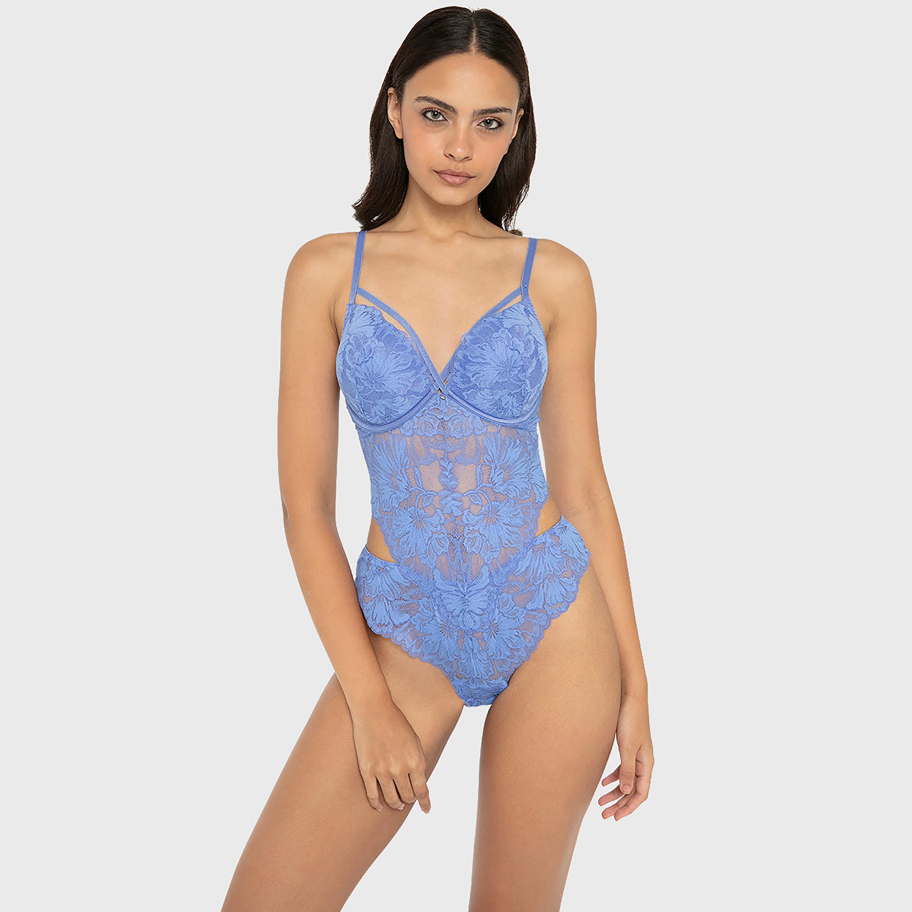 بودي سوت نسائي "سيكسي" أزرق بدانتيل زهور وسلك سفلي ودعم متوسط وحشوة من لا سينزا-women-clothing-lingerie-babydollsandbodysuits-image-1