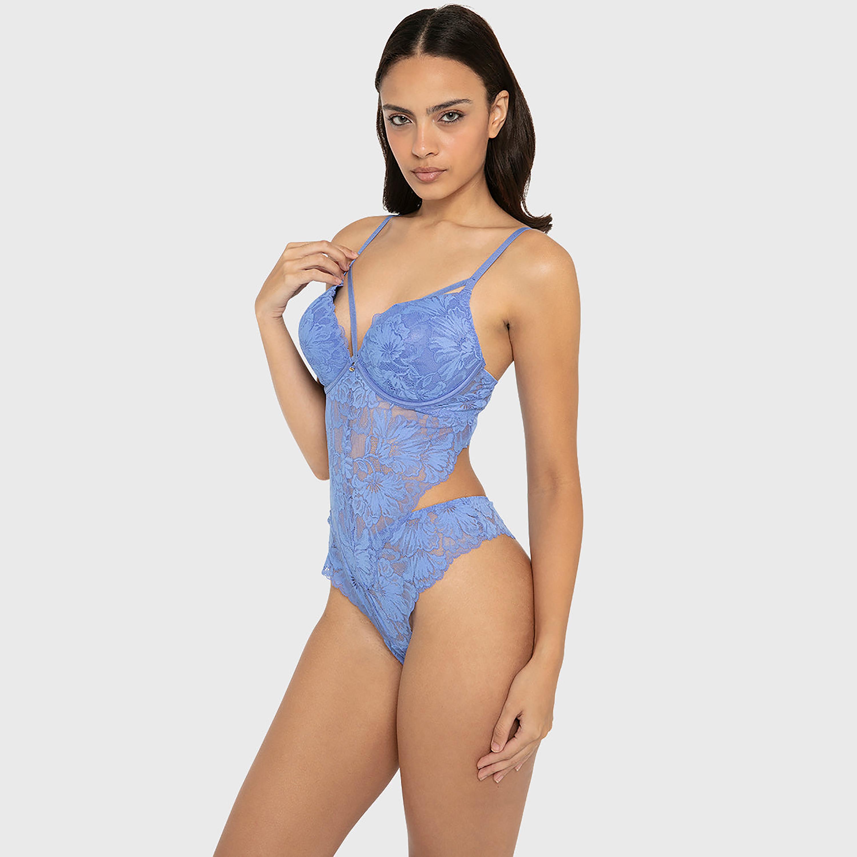 بودي سوت نسائي "سيكسي" أزرق بدانتيل زهور وسلك سفلي ودعم متوسط وحشوة من لا سينزا-women-clothing-lingerie-babydollsandbodysuits-image-3