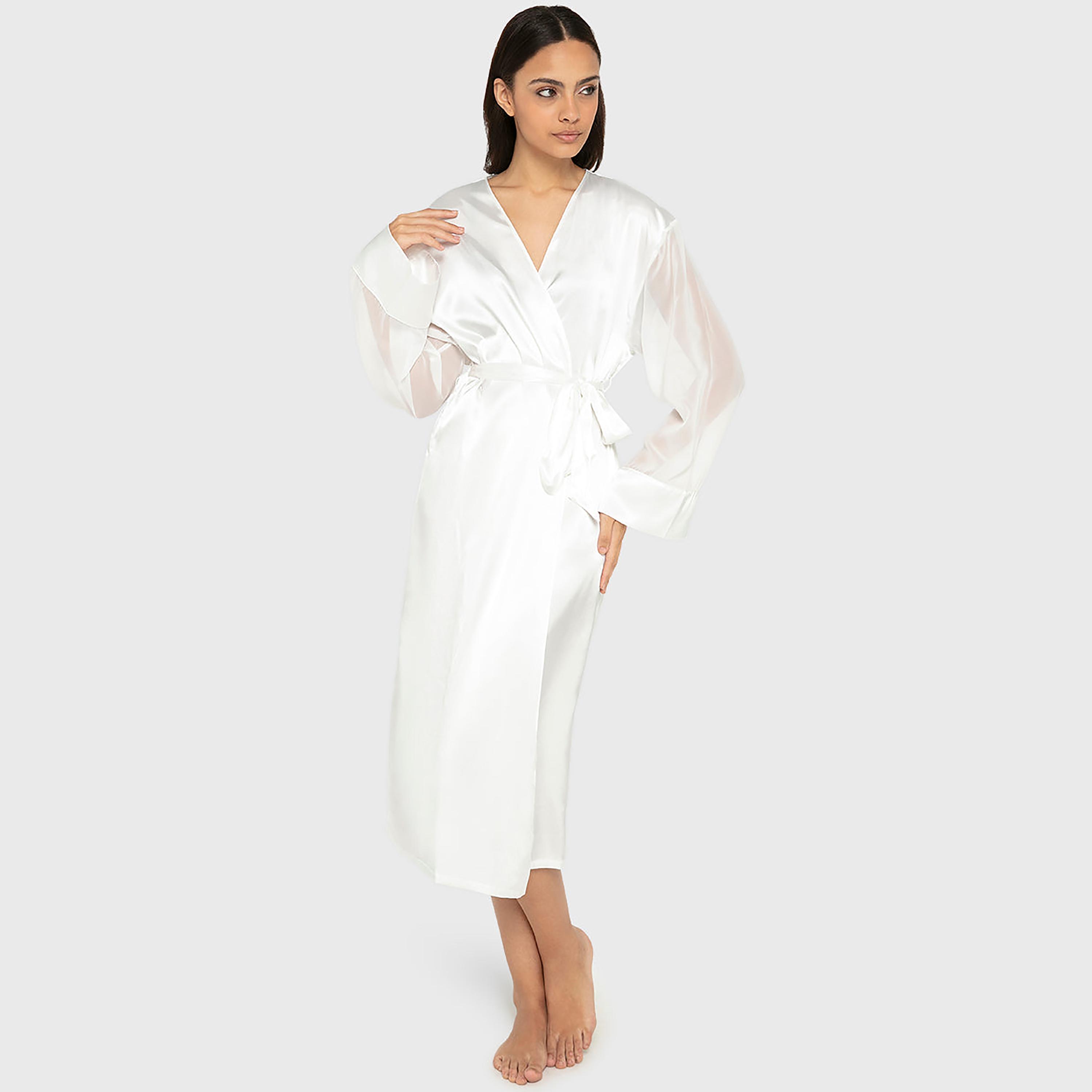 روب نسائي سادة بياقة على شكل حرف V وأكمام طويلة من لا سينزا-women-clothing-nightwear-robes-image-1