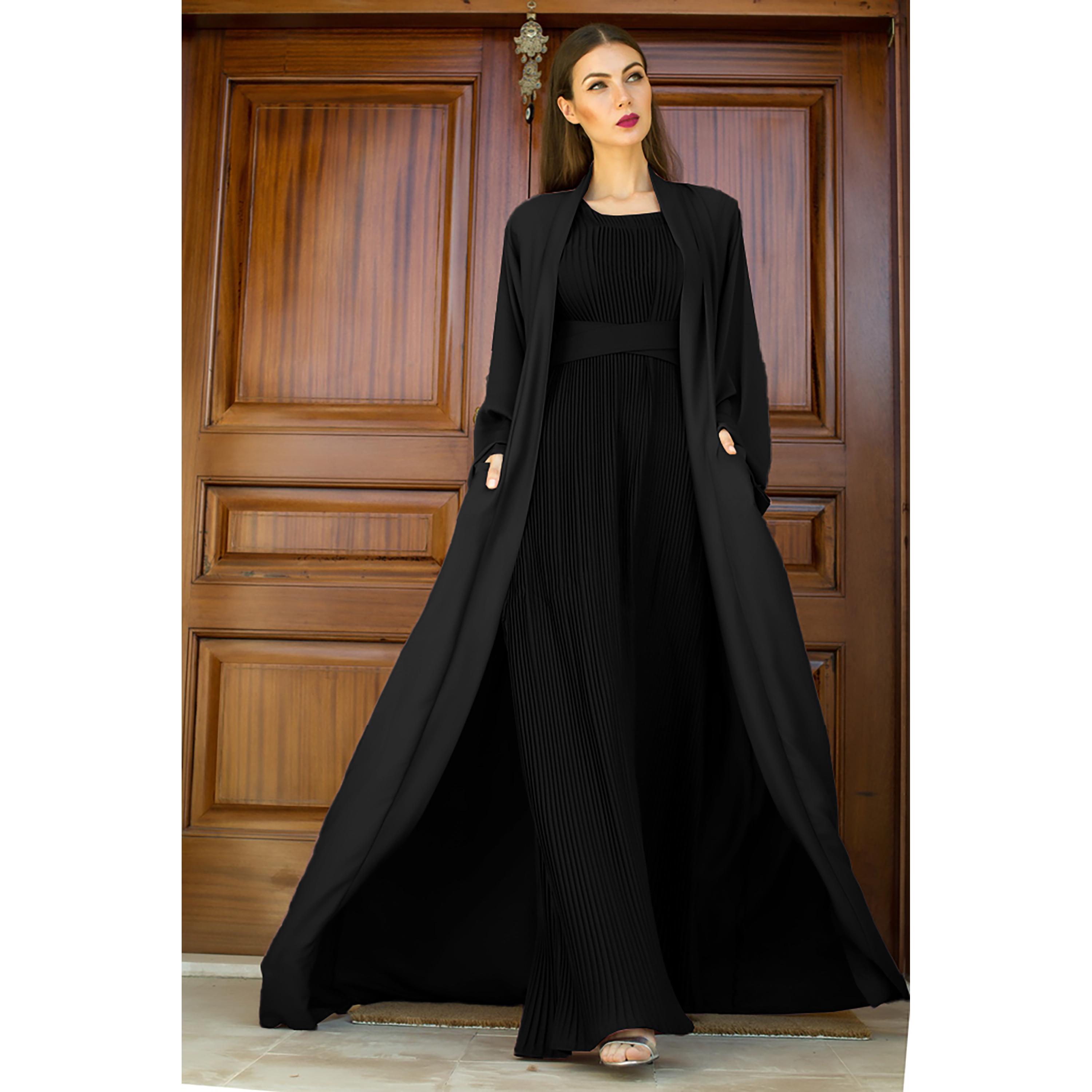 Nukhbaa 3-Piece Flared Sleeves Open Front Crepe Nida Women's Abaya and Pleated Inner with Hijab-women-arabicclothing-abayas-image-1
