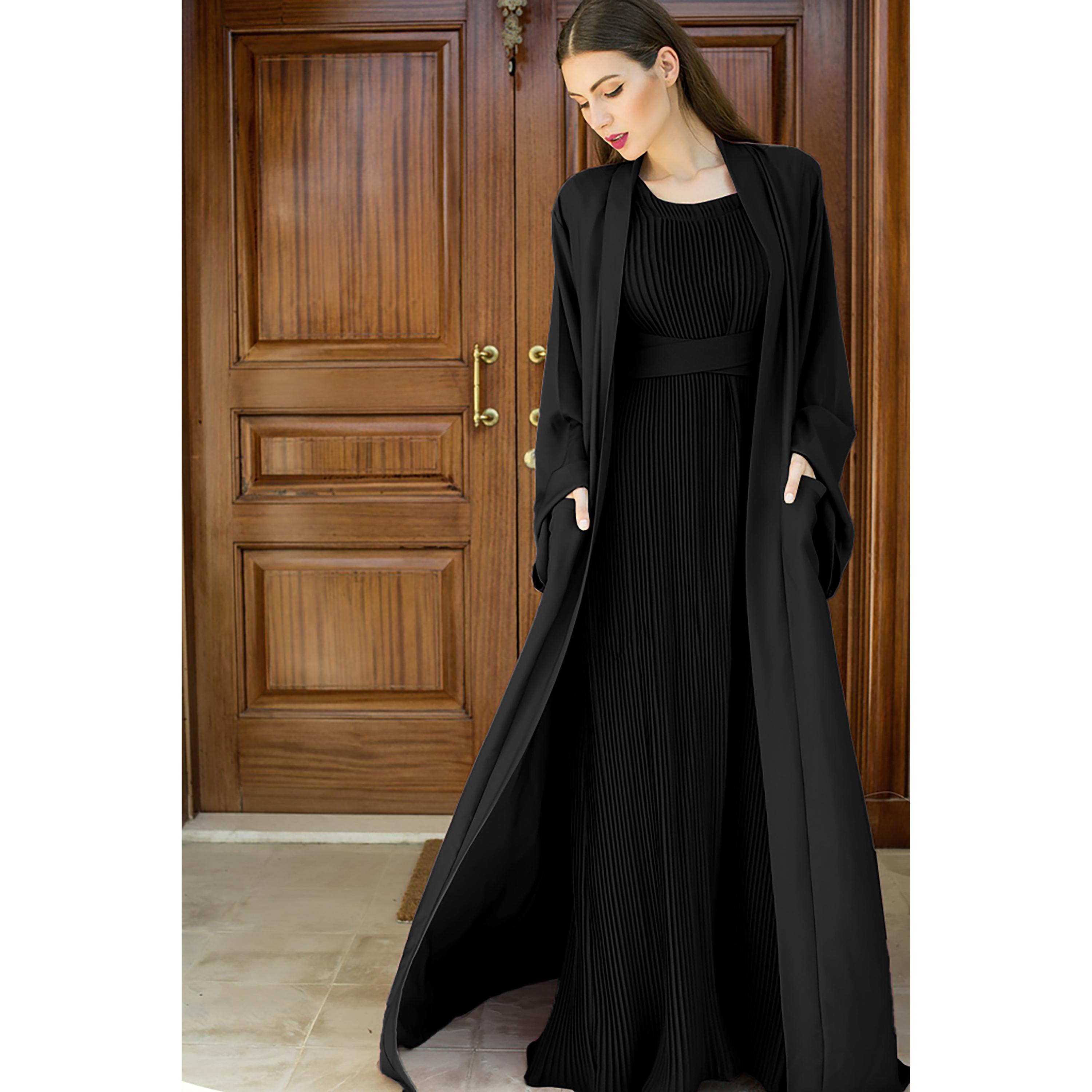 Nukhbaa 3-Piece Flared Sleeves Open Front Crepe Nida Women's Abaya and Pleated Inner with Hijab-women-arabicclothing-abayas-image-2