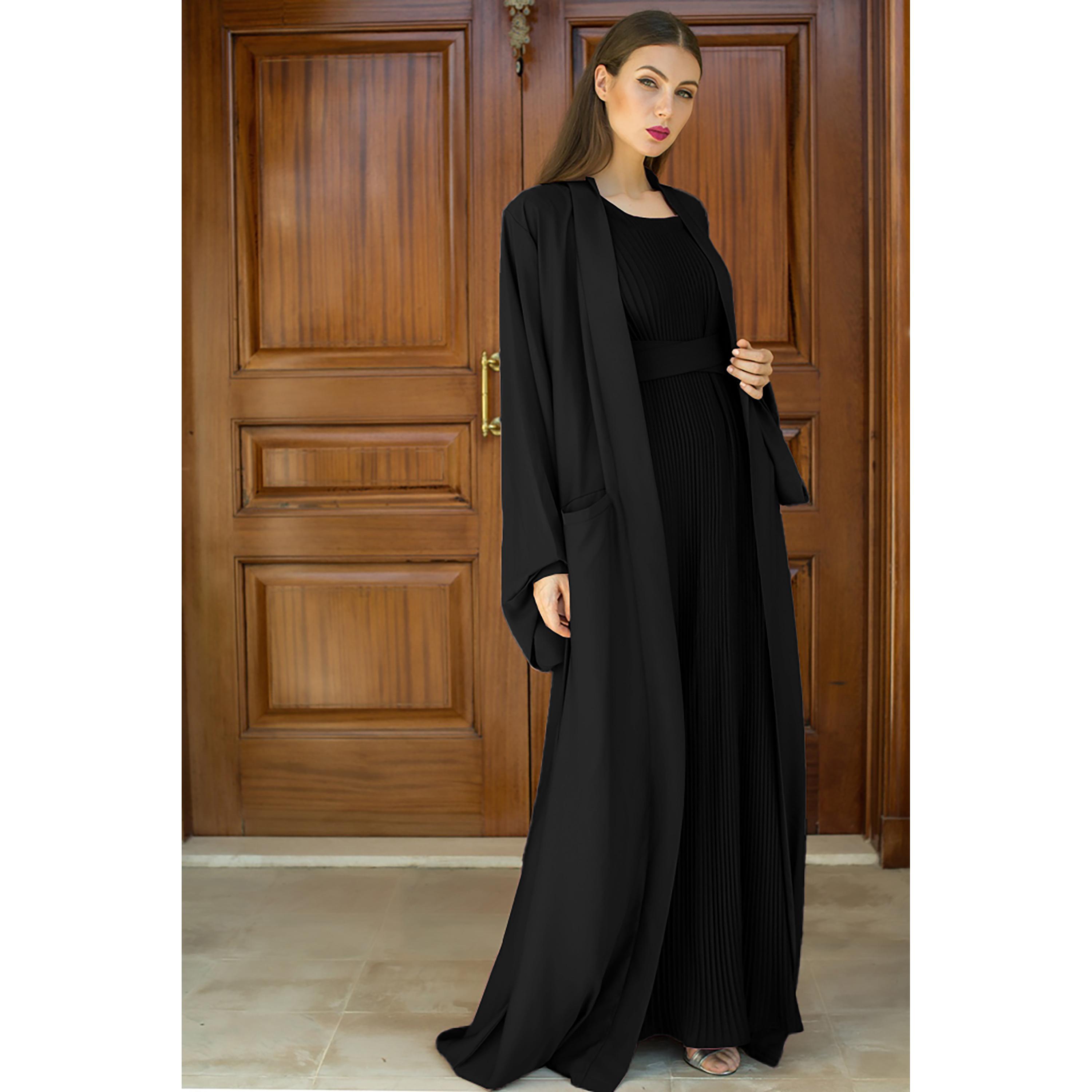 Nukhbaa 3-Piece Flared Sleeves Open Front Crepe Nida Women's Abaya and Pleated Inner with Hijab-women-arabicclothing-abayas-image-3