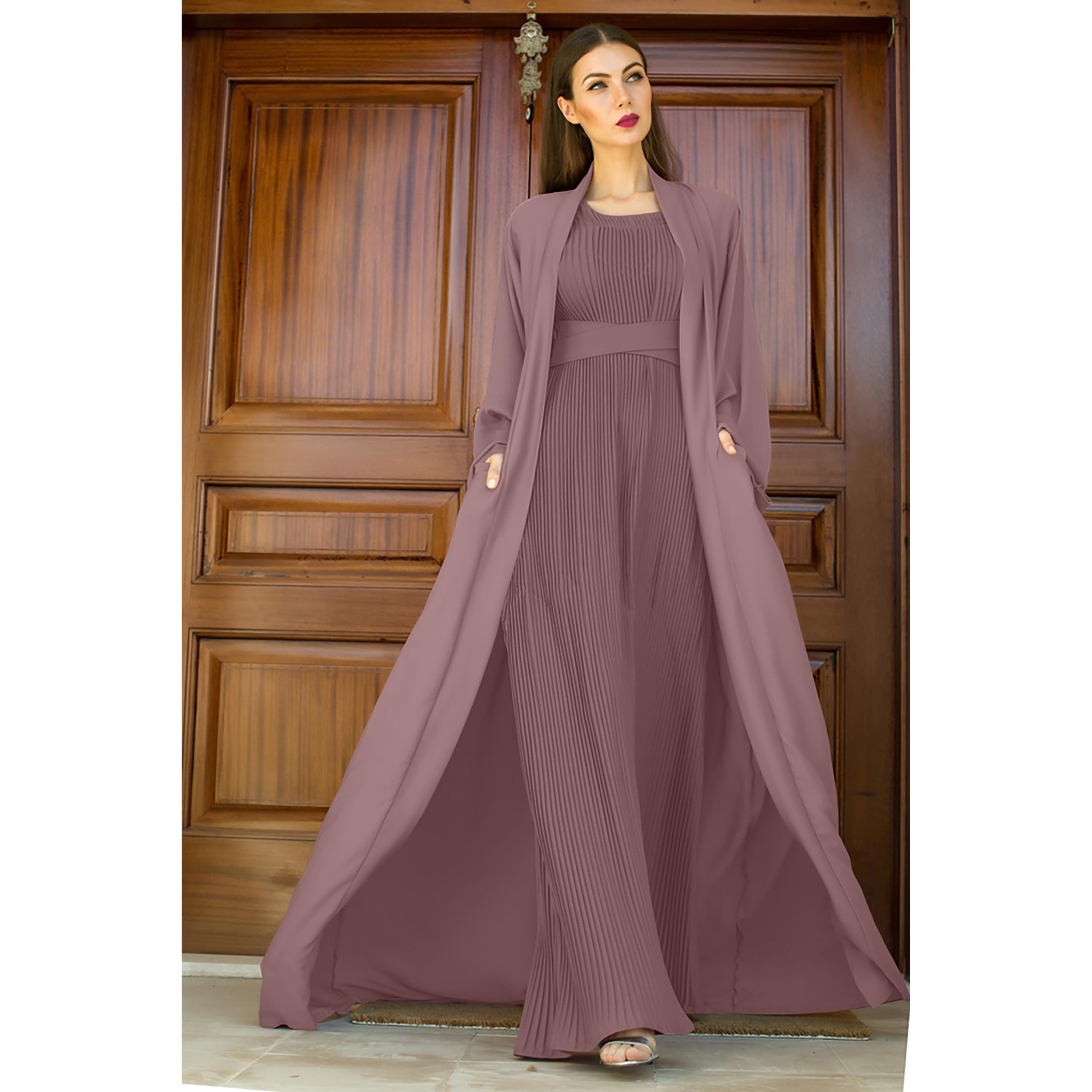 Nukhbaa 3-Piece Flared Sleeves Open Front Crepe Nida Women's Abaya and Pleated Inner with Hijab-women-arabicclothing-abayas-image-1