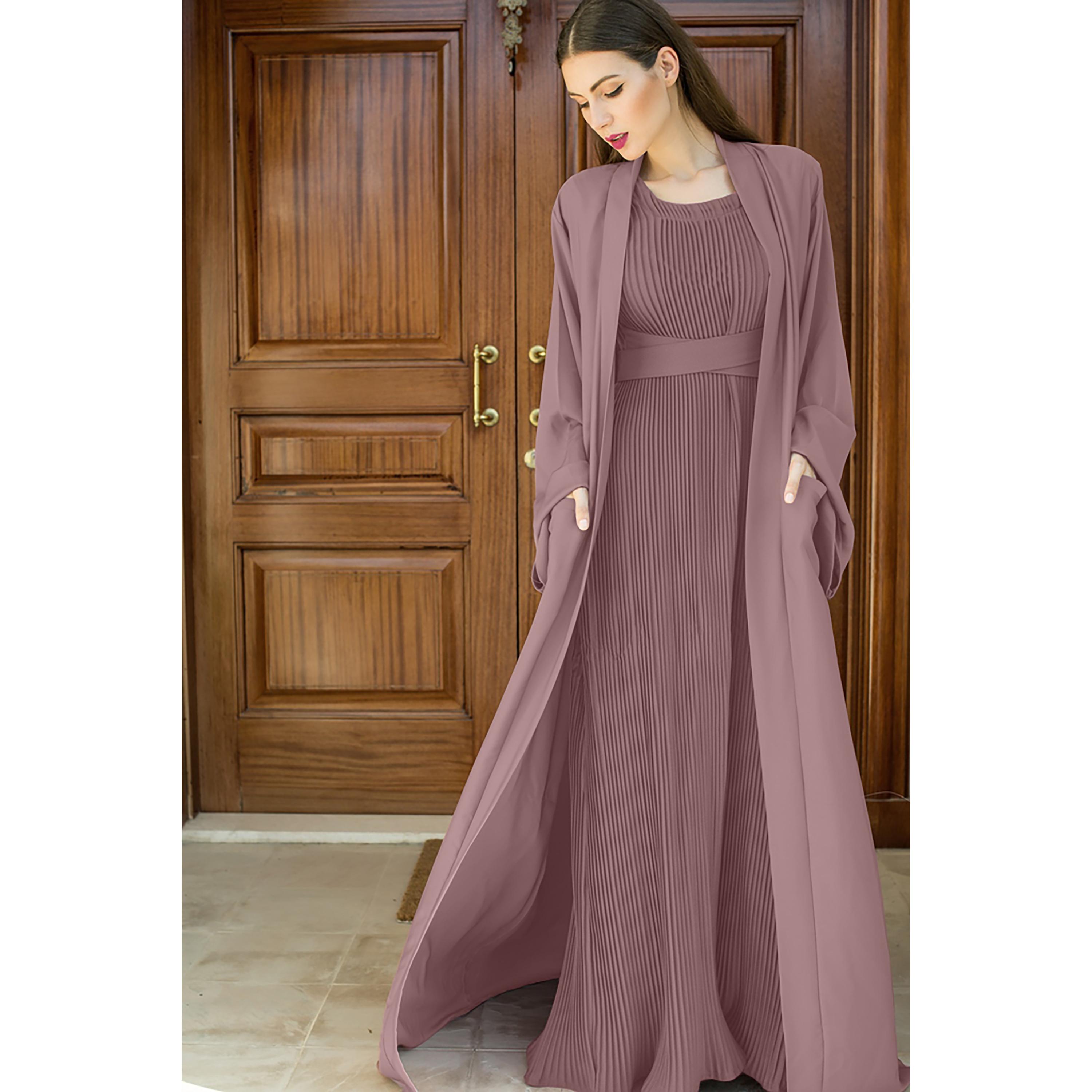 Nukhbaa 3-Piece Flared Sleeves Open Front Crepe Nida Women's Abaya and Pleated Inner with Hijab-women-arabicclothing-abayas-image-2