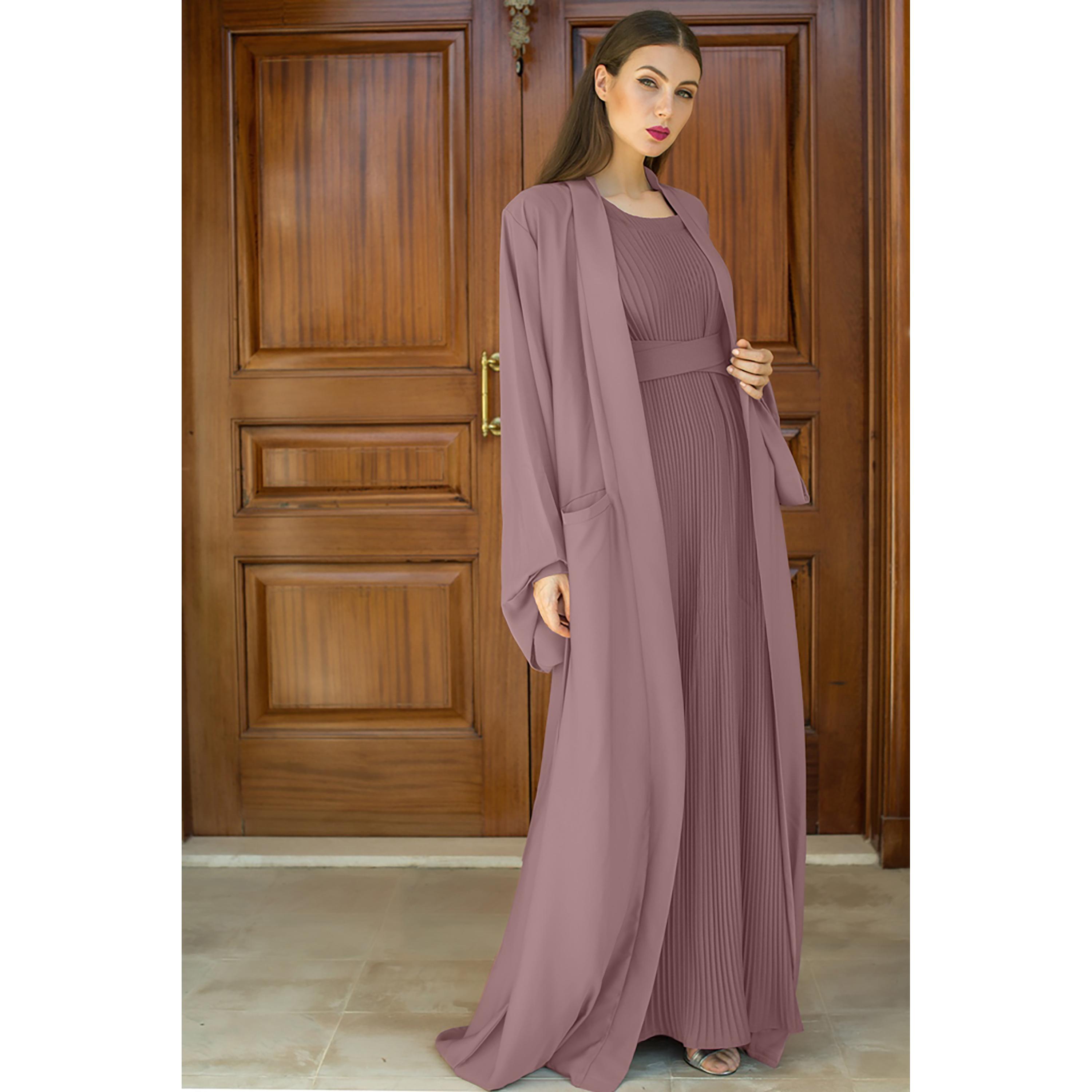 Nukhbaa 3-Piece Flared Sleeves Open Front Crepe Nida Women's Abaya and Pleated Inner with Hijab-women-arabicclothing-abayas-image-3