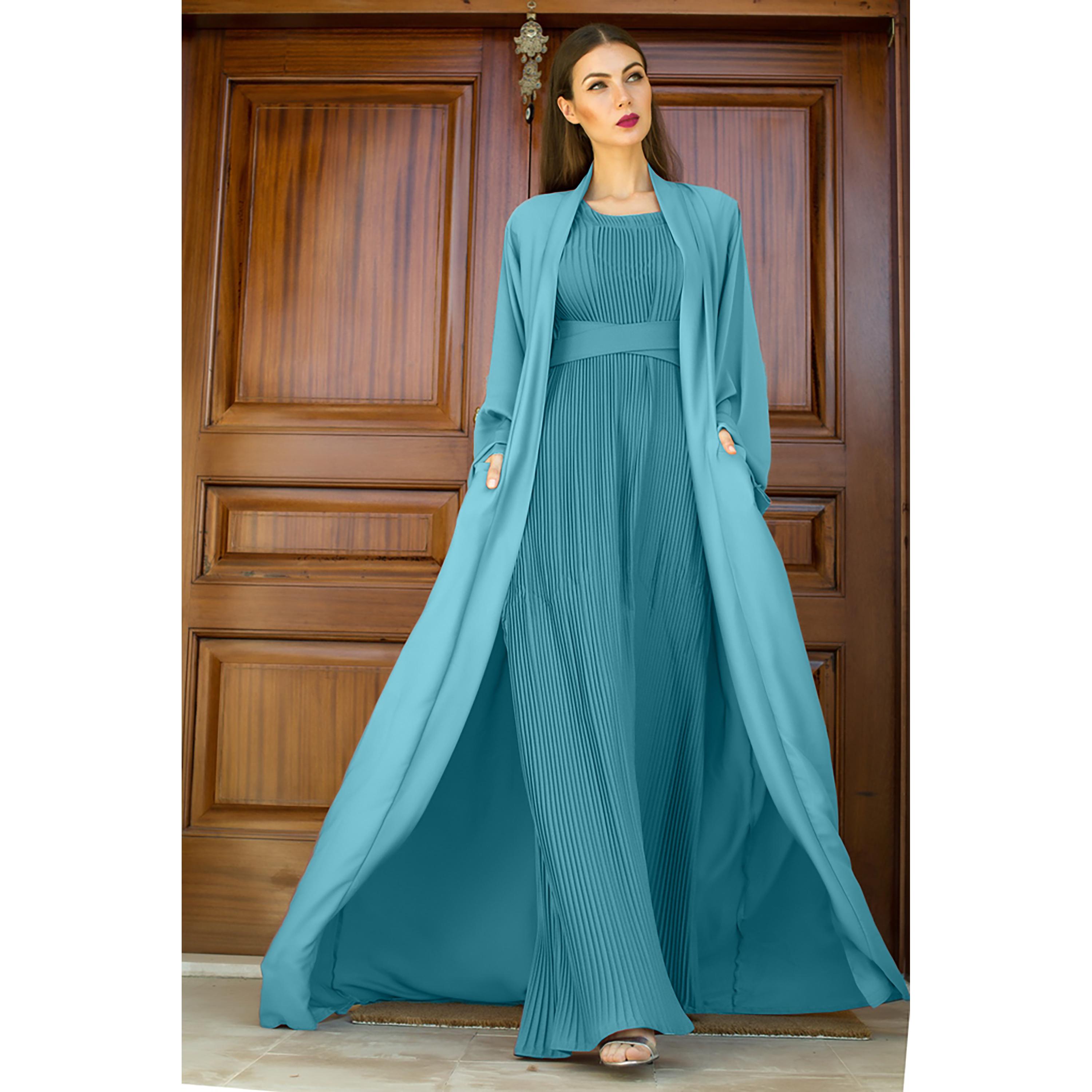 Nukhbaa 3-Piece Flared Sleeves Open Front Crepe Nida Women's Abaya and Pleated Inner with Hijab-women-arabicclothing-abayas-image-1
