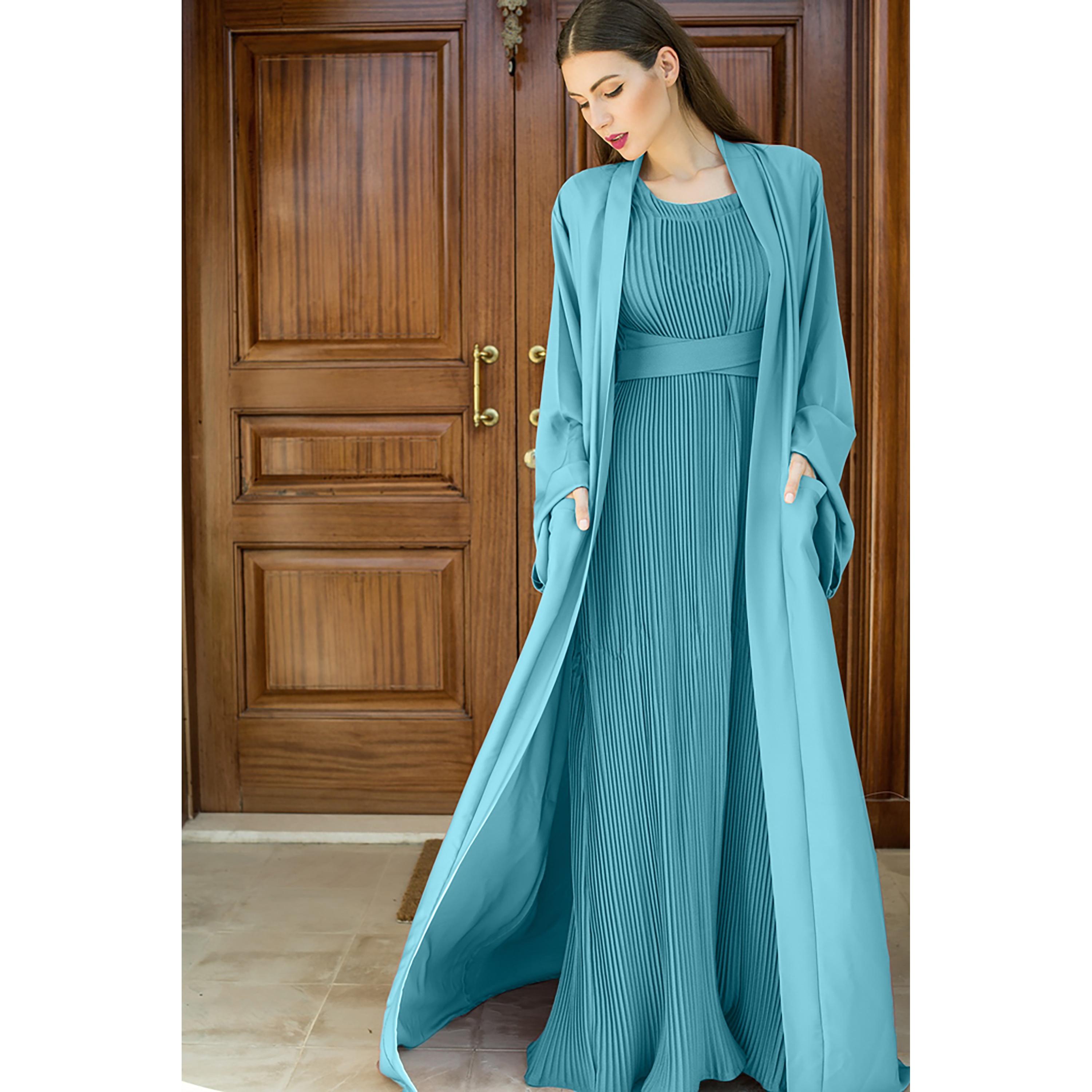 Nukhbaa 3-Piece Flared Sleeves Open Front Crepe Nida Women's Abaya and Pleated Inner with Hijab-women-arabicclothing-abayas-image-2