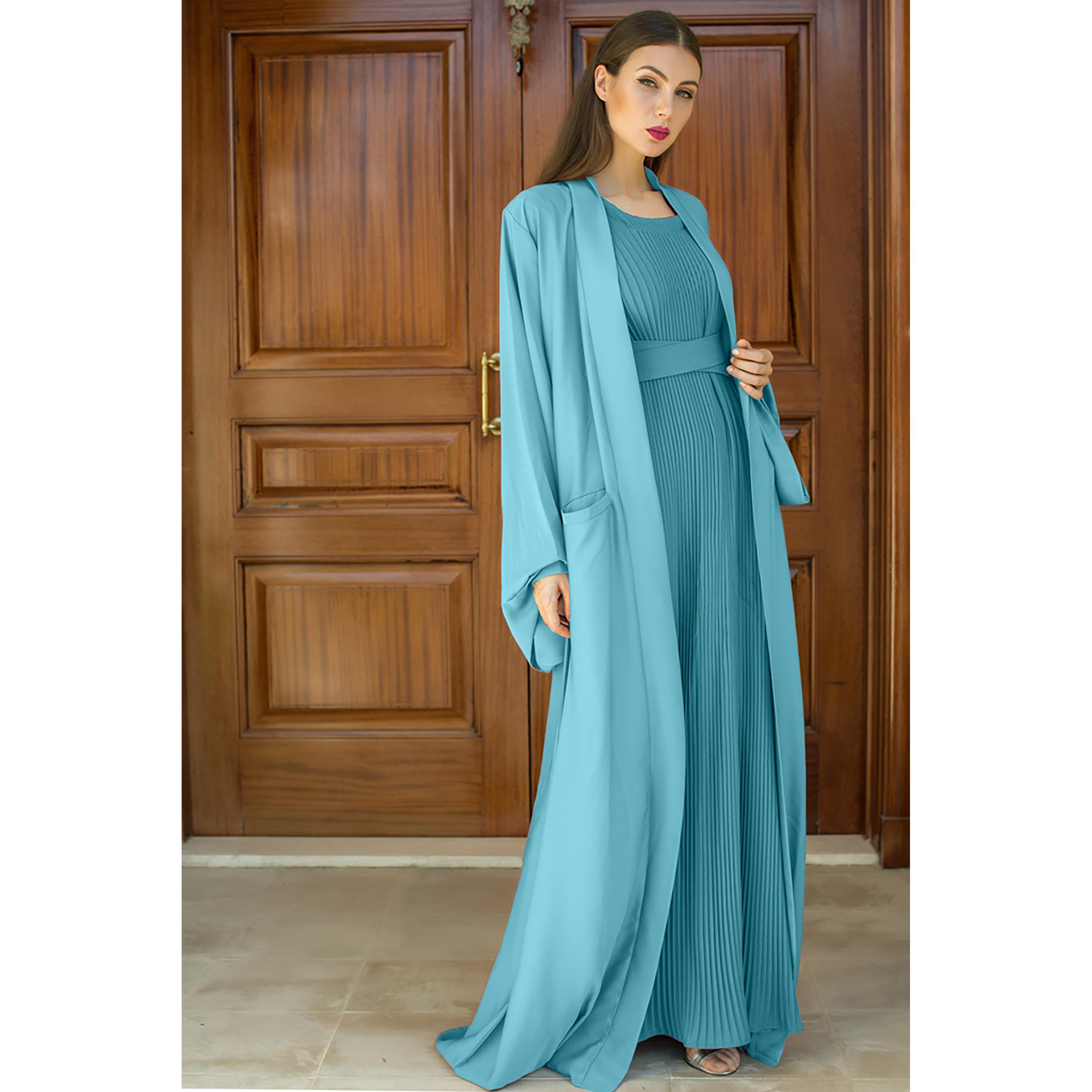 Nukhbaa 3-Piece Flared Sleeves Open Front Crepe Nida Women's Abaya and Pleated Inner with Hijab-women-arabicclothing-abayas-image-3