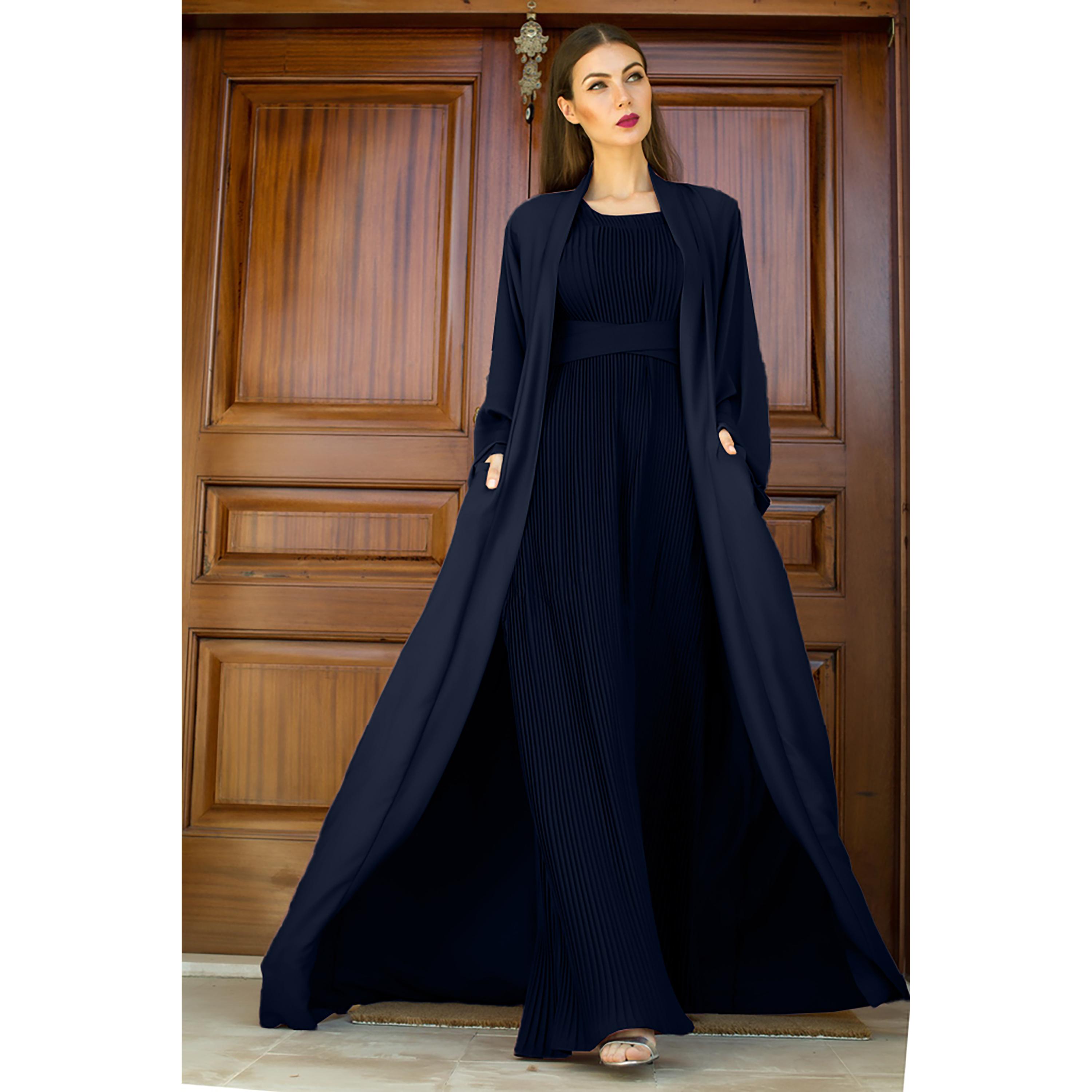 Nukhbaa 3-Piece Flared Sleeves Open Front Crepe Nida Women's Abaya and Pleated Inner with Hijab-women-arabicclothing-abayas-image-1