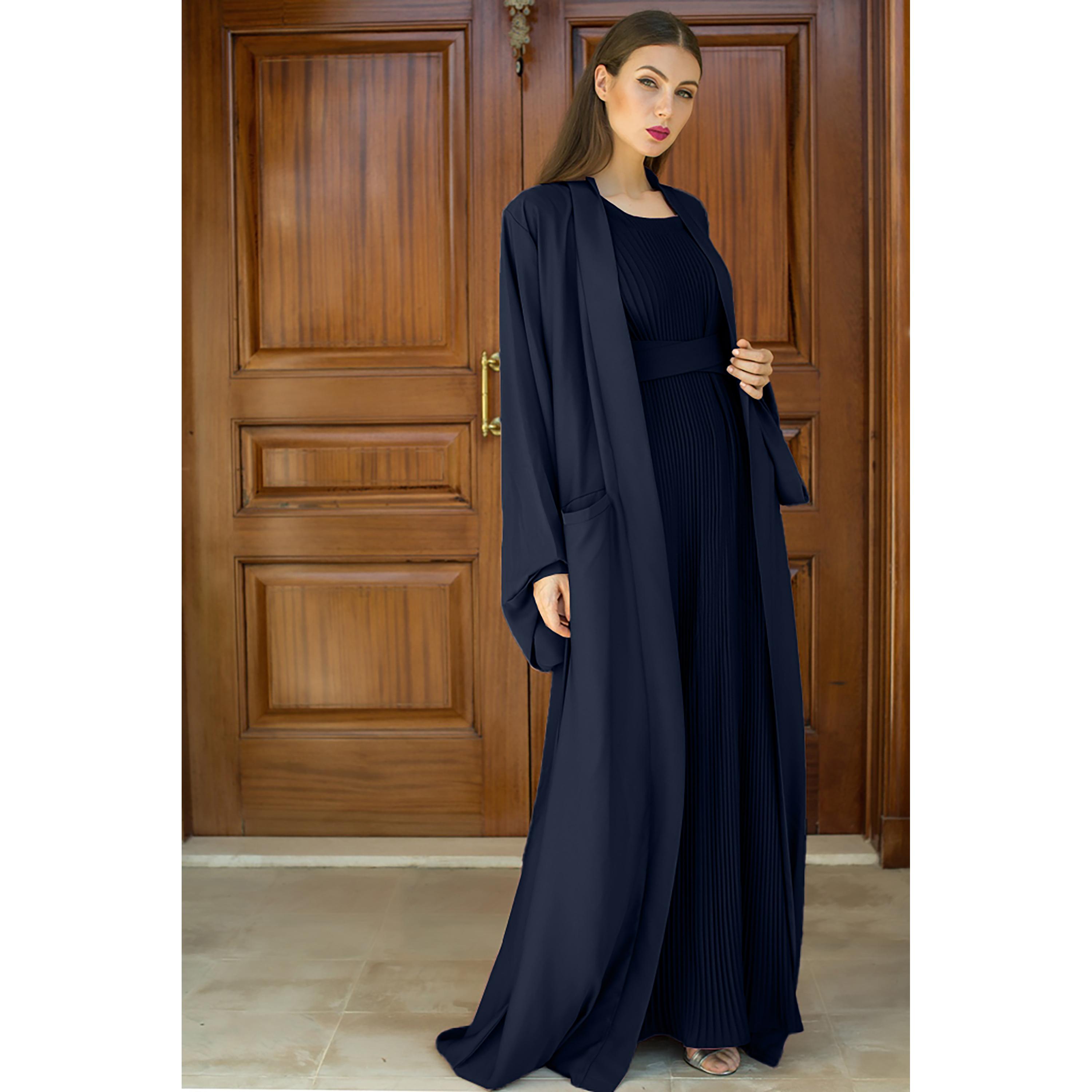 Nukhbaa 3-Piece Flared Sleeves Open Front Crepe Nida Women's Abaya and Pleated Inner with Hijab-women-arabicclothing-abayas-image-3