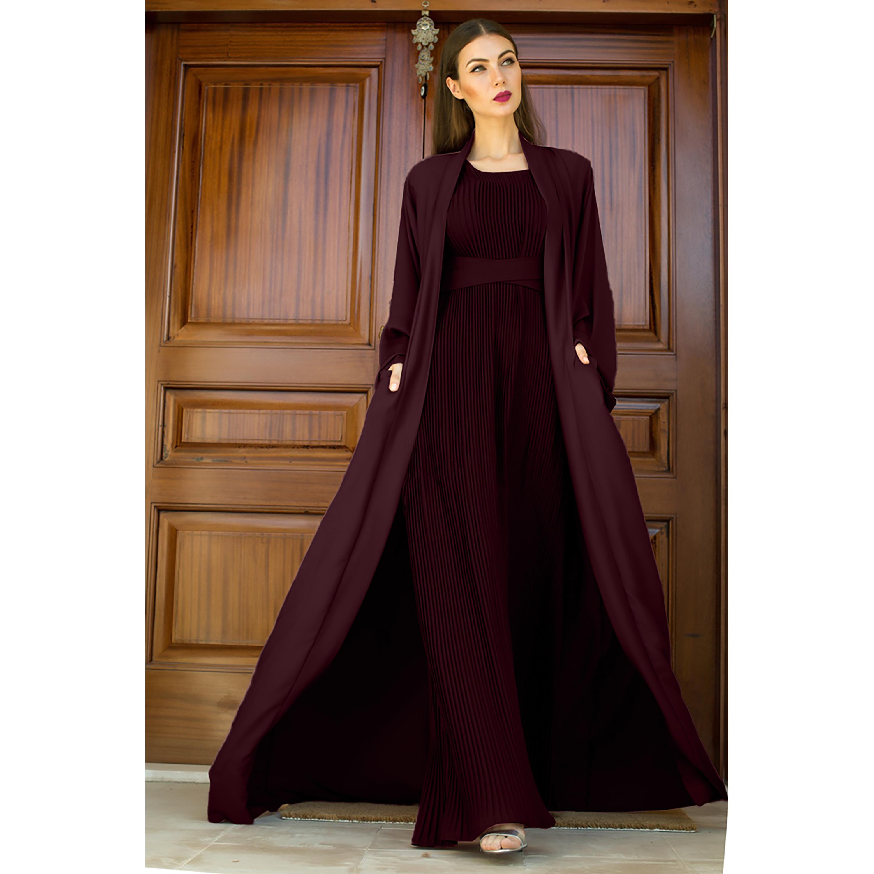 Nukhbaa 3-Piece Flared Sleeves Open Front Crepe Nida Women's Abaya and Pleated Inner with Hijab-women-arabicclothing-abayas-image-1