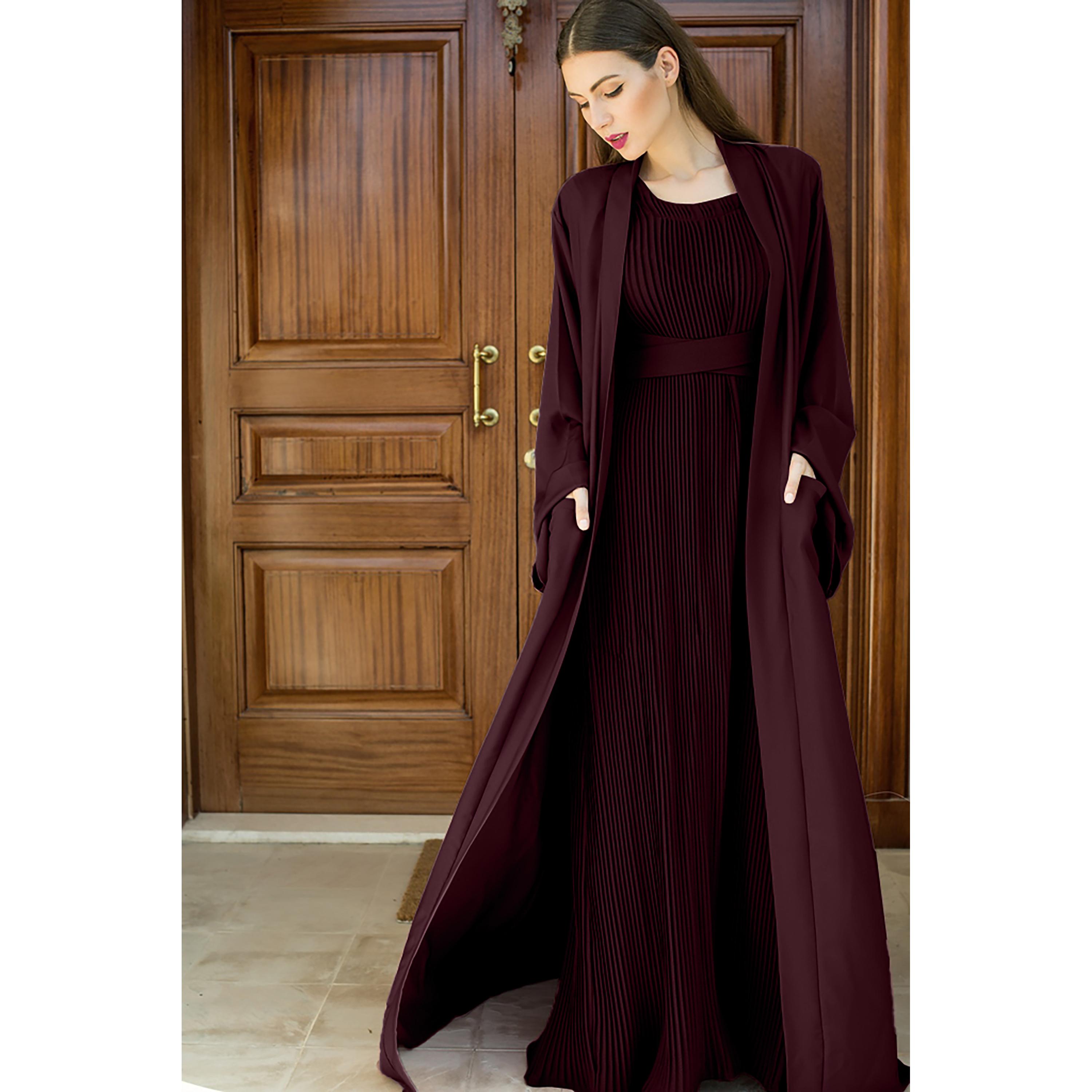 Nukhbaa 3-Piece Flared Sleeves Open Front Crepe Nida Women's Abaya and Pleated Inner with Hijab-women-arabicclothing-abayas-image-2