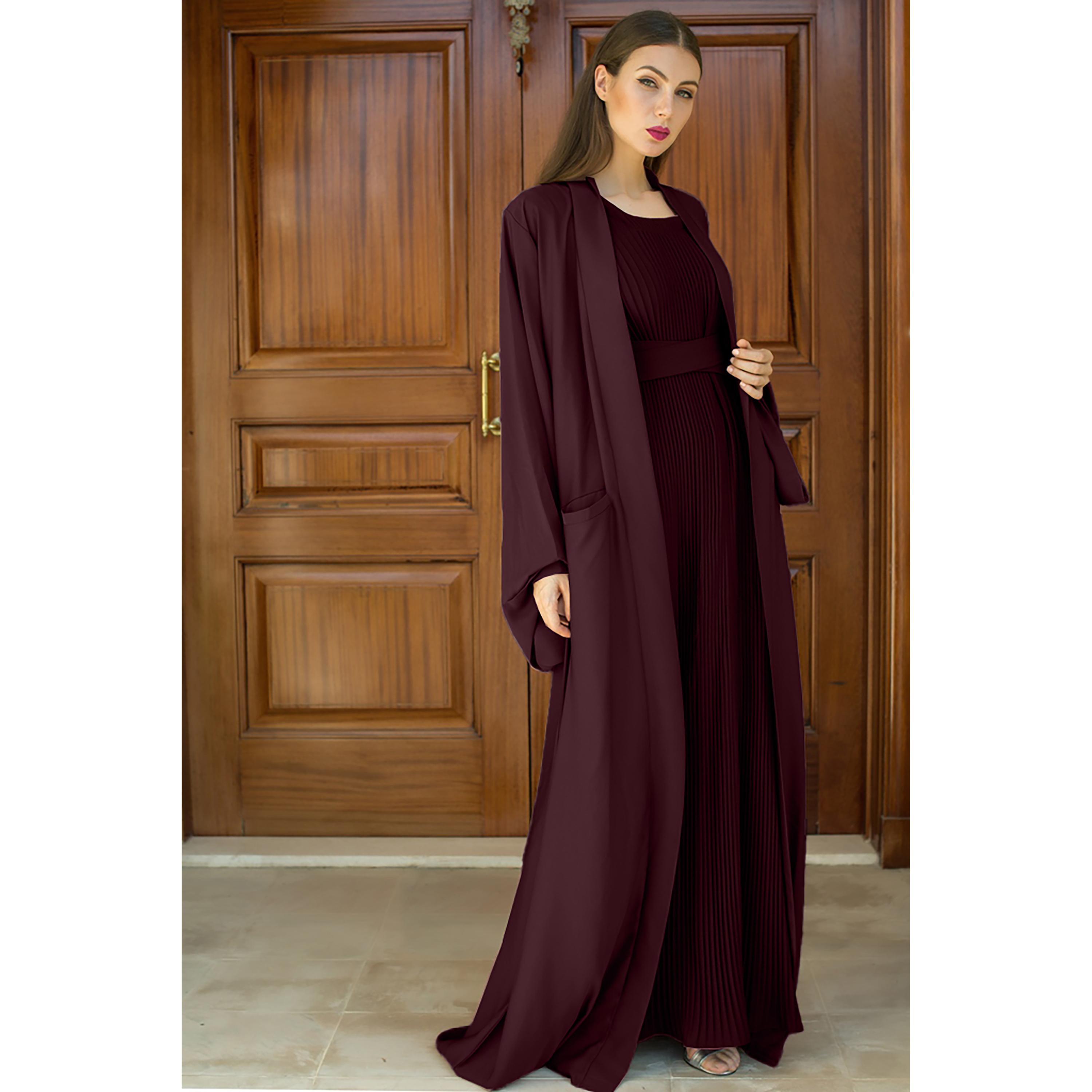 Nukhbaa 3-Piece Flared Sleeves Open Front Crepe Nida Women's Abaya and Pleated Inner with Hijab-women-arabicclothing-abayas-image-3