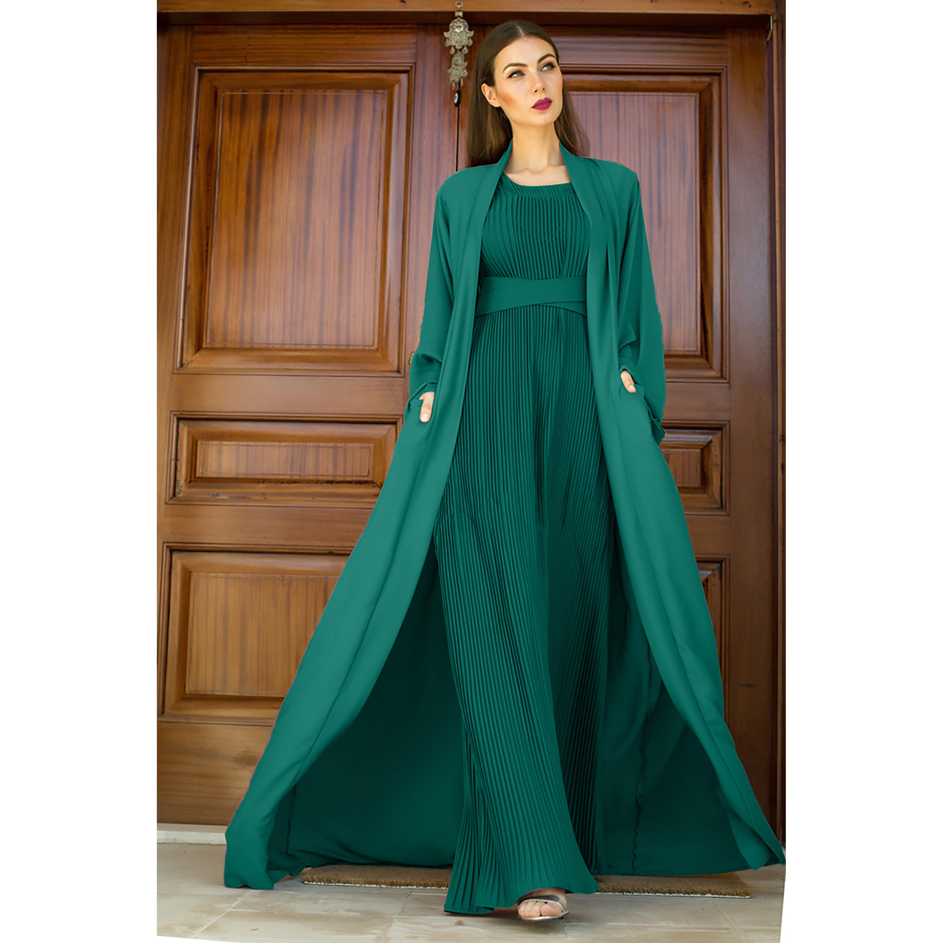 Nukhbaa 3-Piece Flared Sleeves Open Front Crepe Nida Women's Abaya and Pleated Inner with Hijab-women-arabicclothing-abayas-image-1
